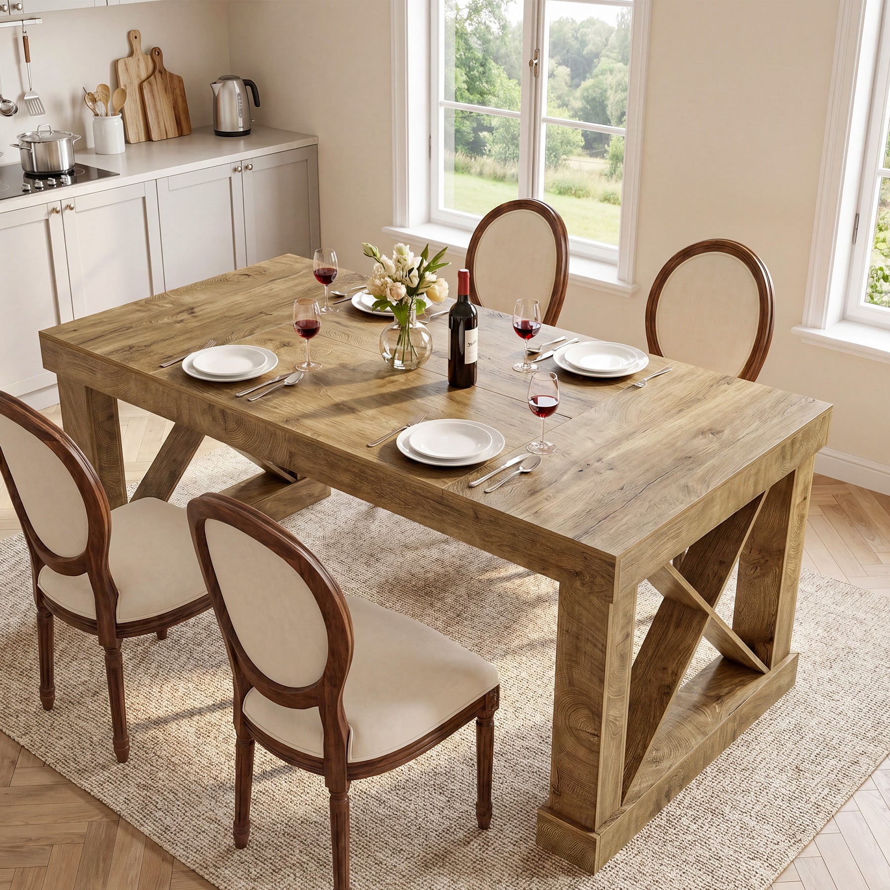 63" Farmhouse Dining Table for 4-6 People, Rectangular Wood Kitchen Table with Heavy-Duty X Legs