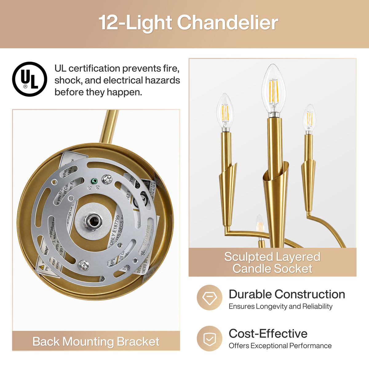 12-Light 45.5" Gold Chandelier, Modern Farmhouse Pendant Lighting
