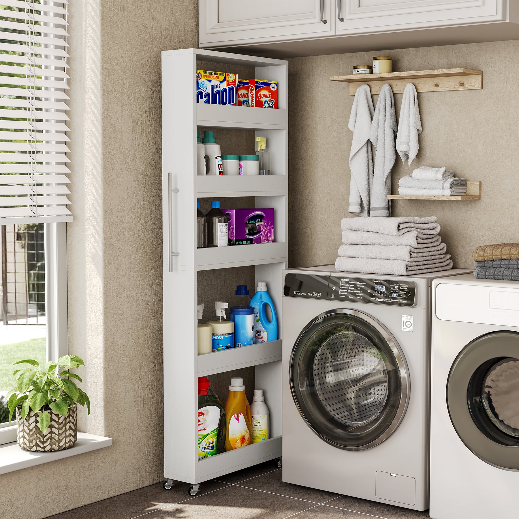 63" Utility Cart on Wheels, 5-Tier Narrow Mobile Shelf Organizer
