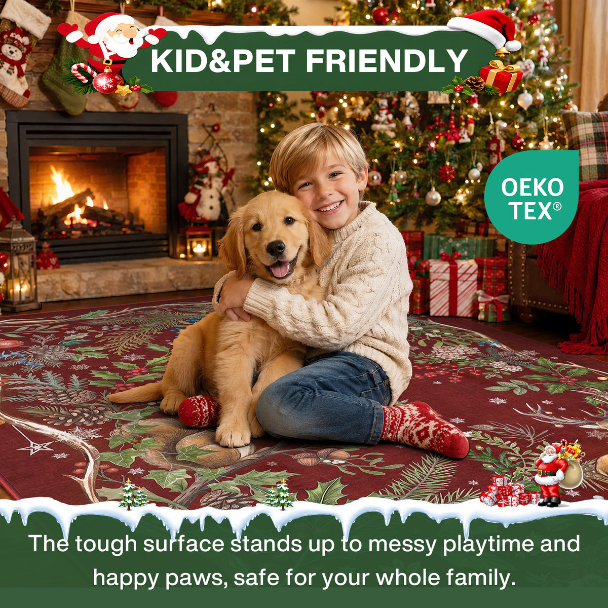 Christmas Tree Area Rug - Washable Non-Slip Holiday Carpet for Living Room Bedroom