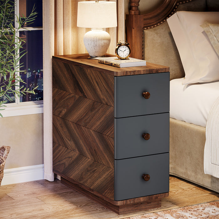 Wood End Table, 3-Drawer Narrow Side Table Storage Cabinet