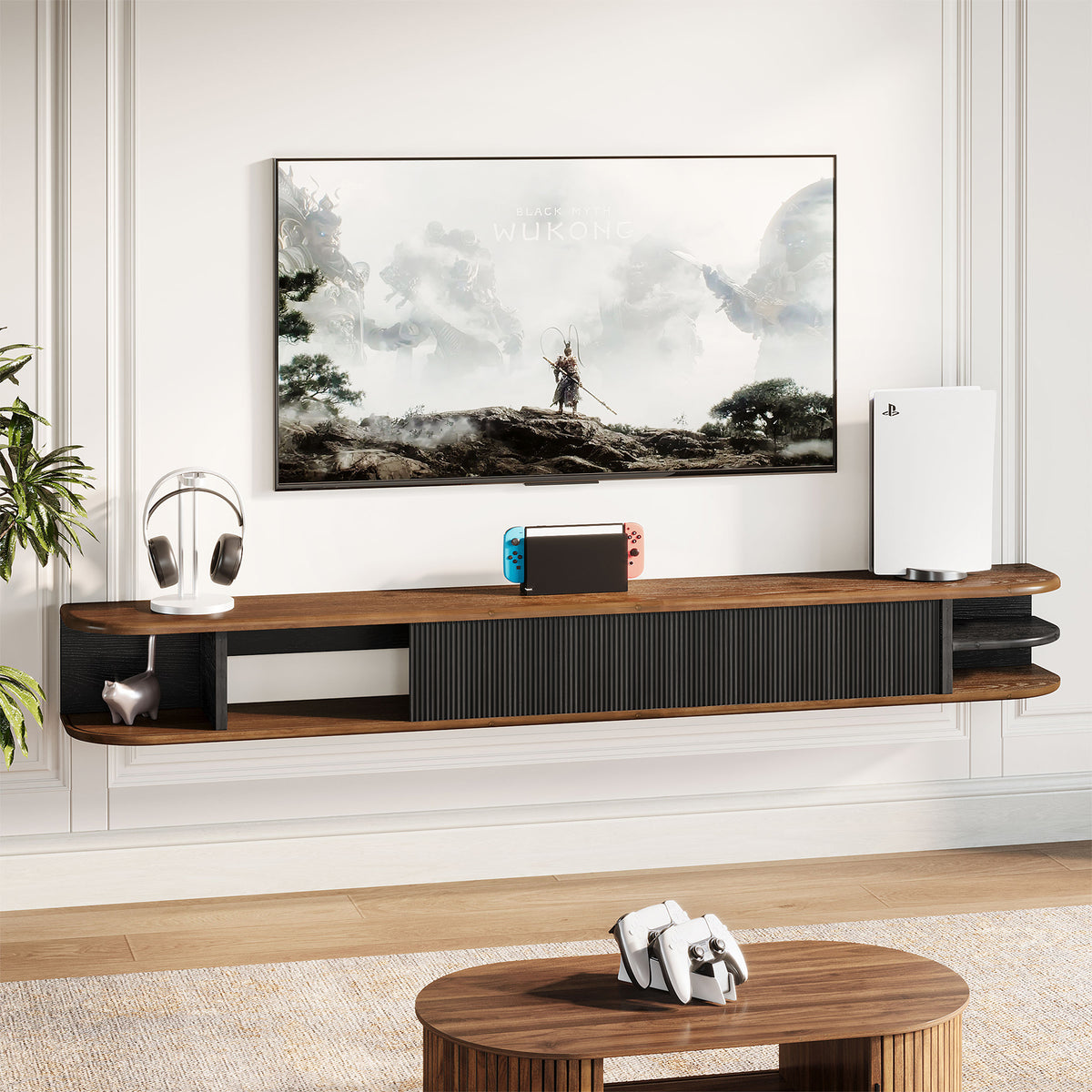 71" Floating TV Stand with Fluted Doors, Solid Wood Media Console with Cable Management for 50-90" TVs