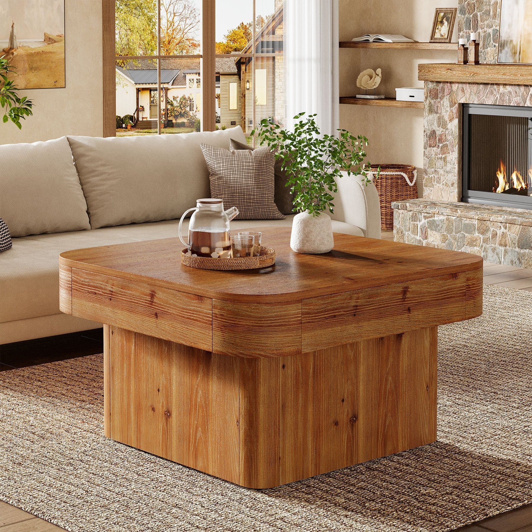 31.5" Square Coffee Table, Farmhouse Solid Wood Center Table