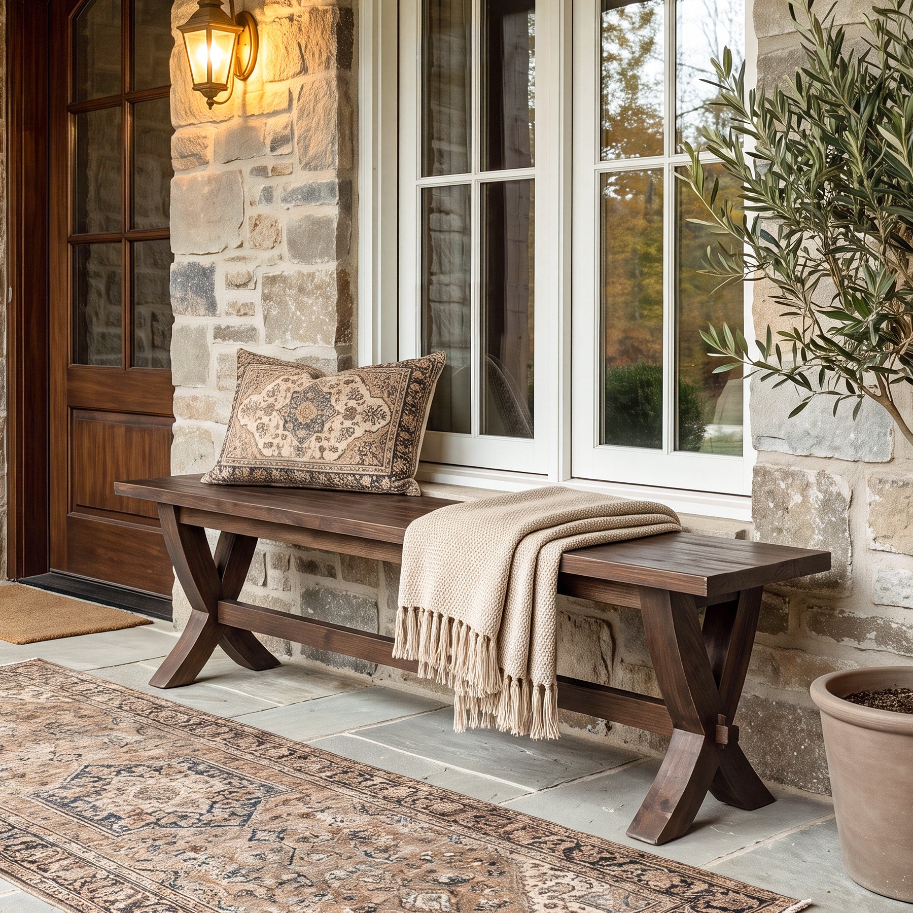 59" Solid Wood Entryway Bench, Farmhouse Wooden Bench with X-Frame Legs