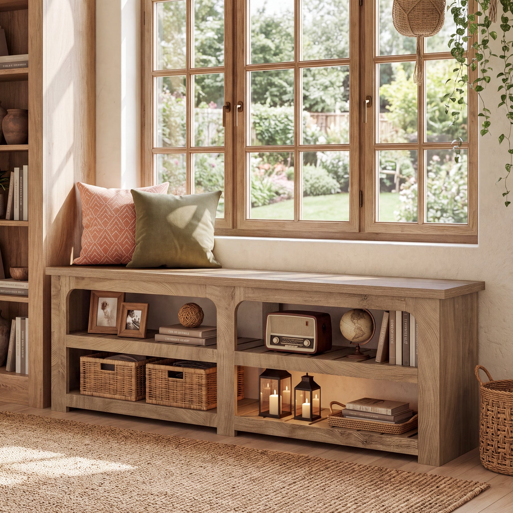 71" Extra Long Entryway Bench with Shoe Storage, Farmhouse 2-Tier Slatted Shoe Rack