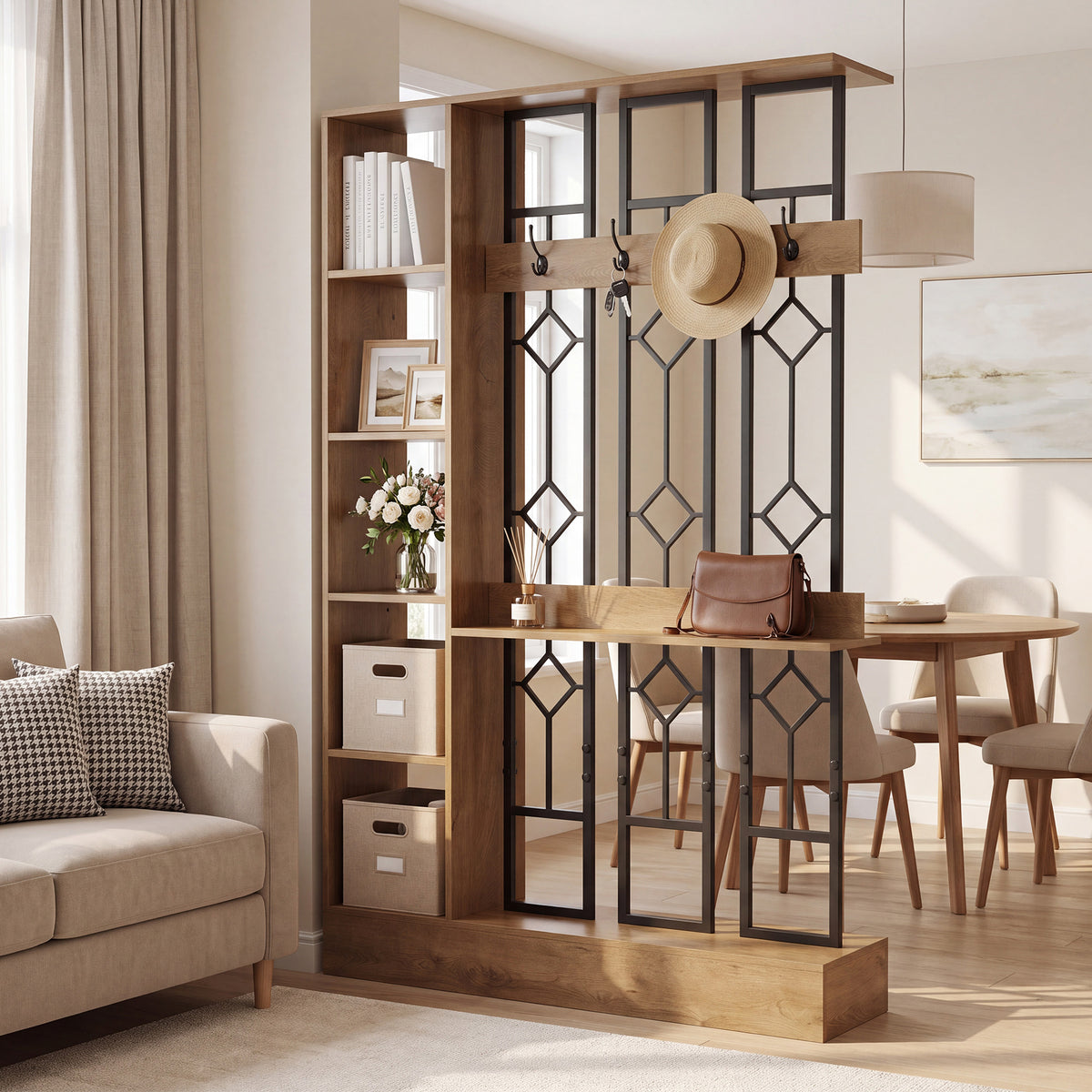 71" Wall Room Divider with Storage Shelves & Coat Hooks, Freestanding Wall Partition for Entryway
