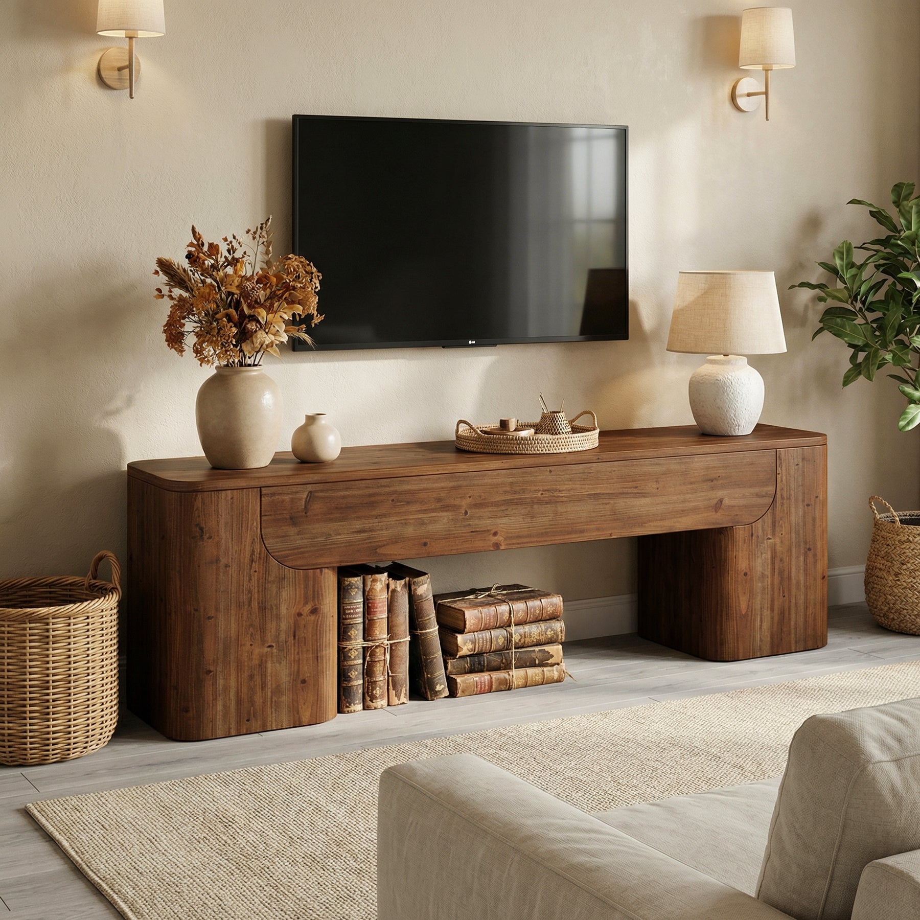 59" Solid Wood TV Stand, Heavy Duty Media TV Console for 55/60/65/75-Inch TVs