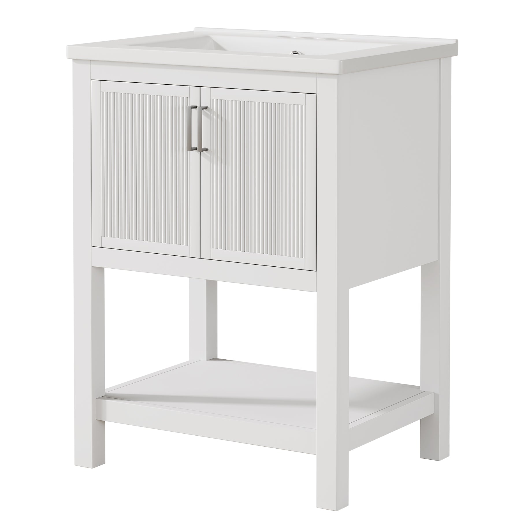 24" Bathroom Vanity, Modern Bathroom Sink Cabinet with Ceramic Basin and 2 Doors