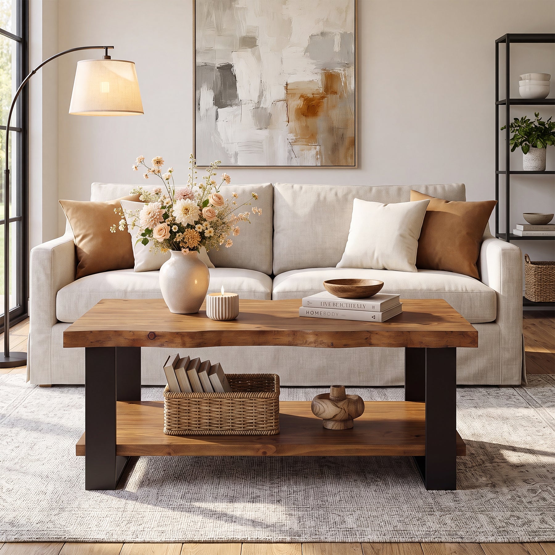47" Solid Wood Coffee Table, 2-Tier Vintage Center Table for Living Room