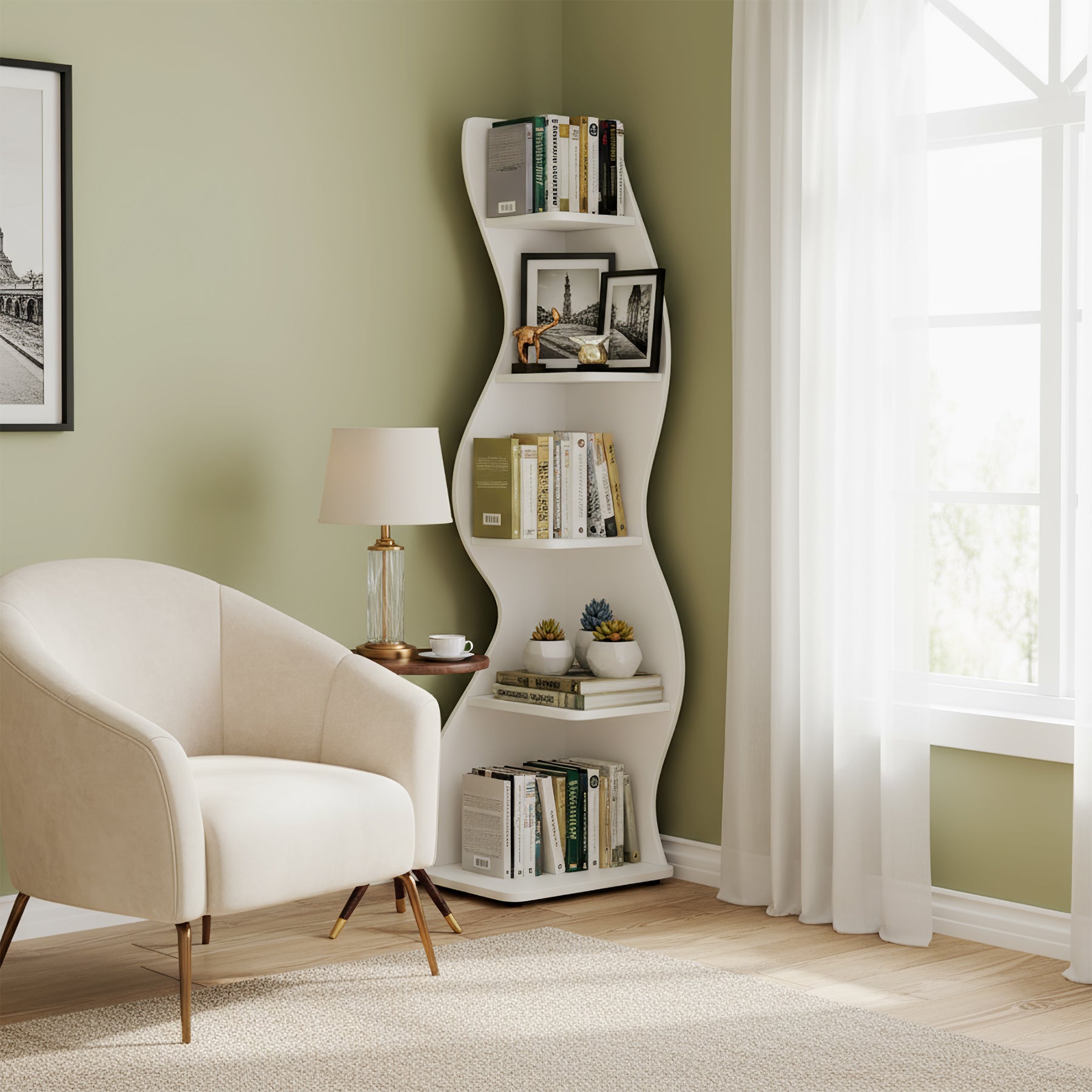 5-Tier Corner Bookcase, Rustic Freestanding Corner Shelf for Small Spaces