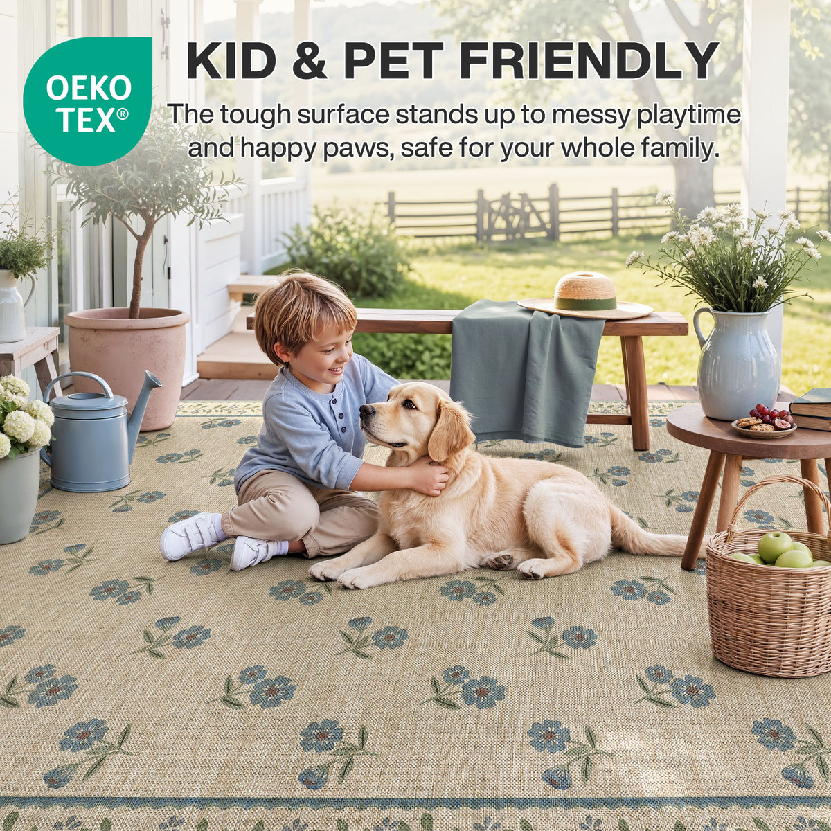 Farmhouse Floral Easy Jute Rug Washable Indoor Outdoor Low-Pile Area Rug