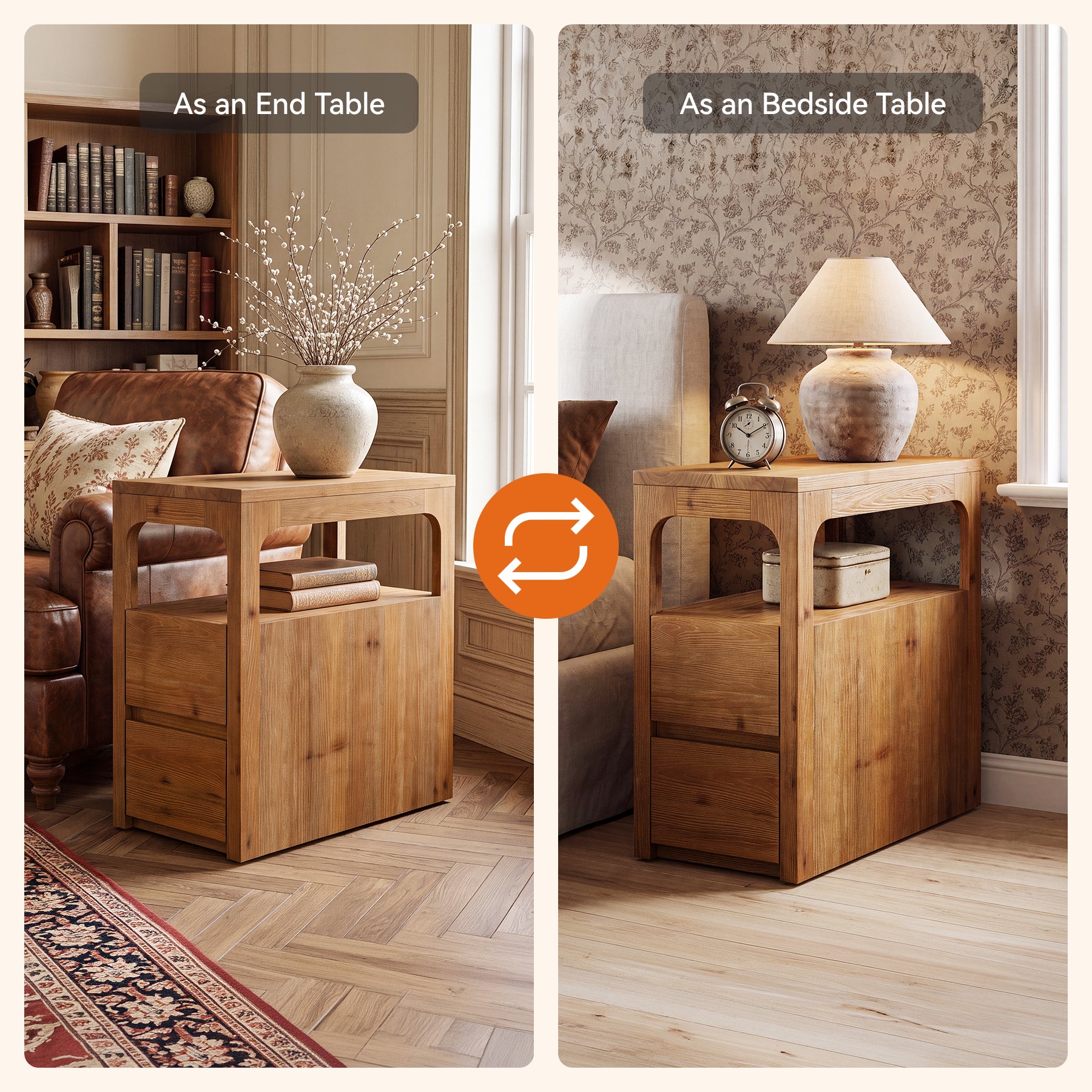 Narrow Solid Wood End Table, Farmhouse Side Table with 2 Drawers