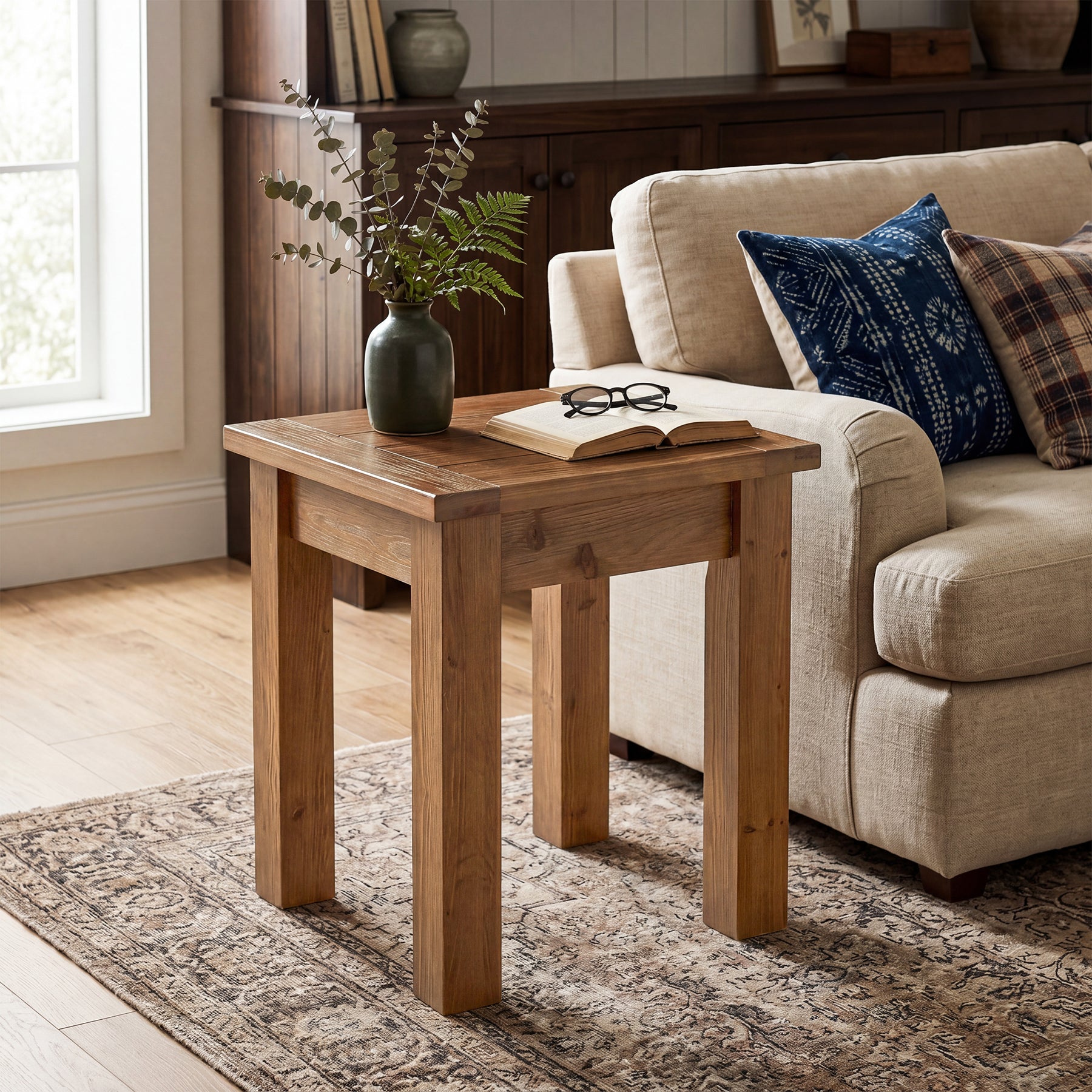 Square Solid Wood Side Table, Farmhouse End Tale with Stable Legs for Small Spaces