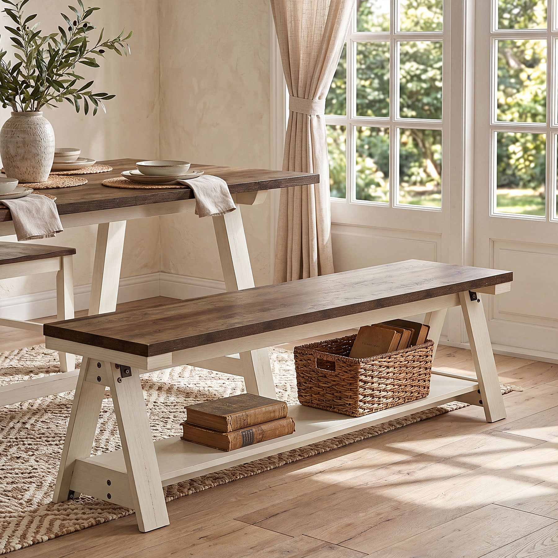 59 Inch Wooden Entryway Bench with Open Shelves, Farmhouse 2-Tier Storage Bench for Hallway