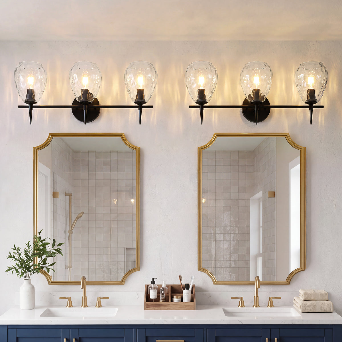 3-Light 22" Bathroom Vanity Light, Matte Black Wall Sconce with Hammered Glass