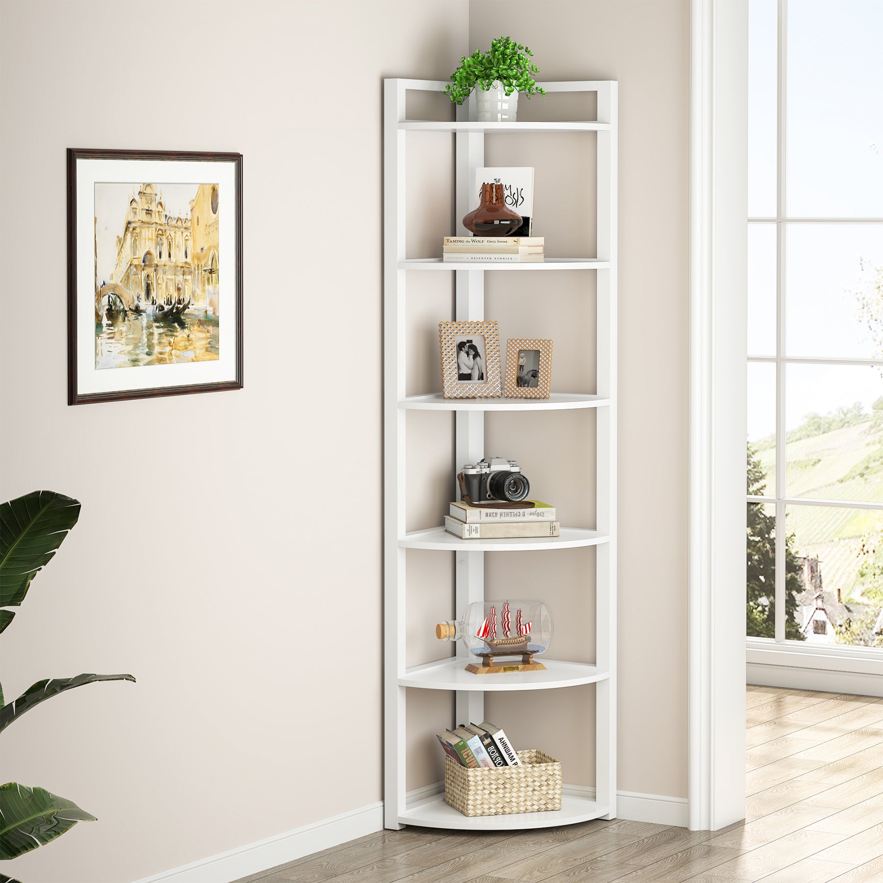 6-Tier Corner Shelf, 70.9 Inch Tall Corner Bookshelf Small Bookcase Rustic Corner Shelving Unit Storage Rack