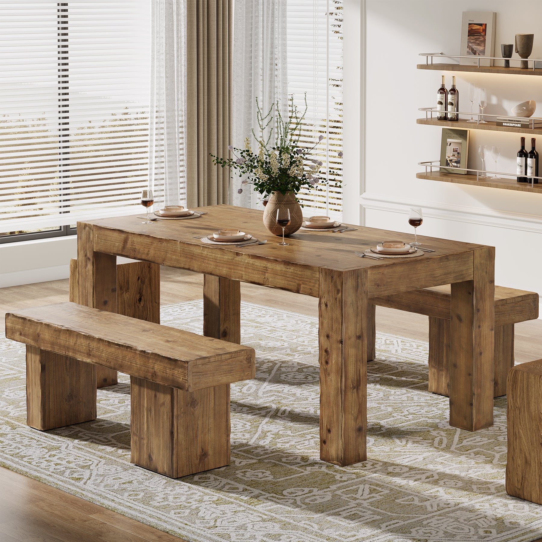 63" Dining Table, Solid Wood Dinner Kitchen Table For 4 To 6