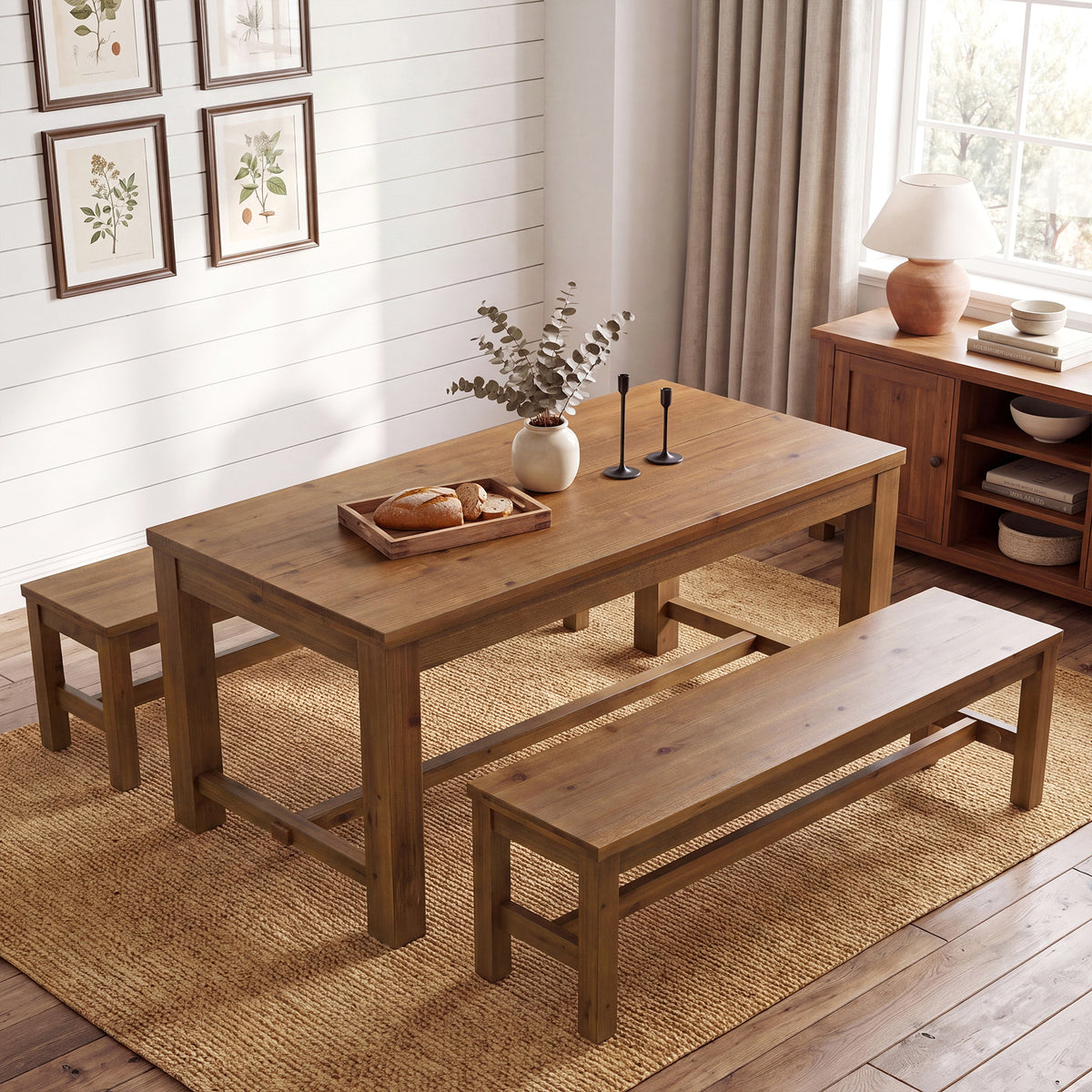 55" Solid Wood Dining Table Set with 2 Benches, 3-Piece Kitchen Table Set for 4-6