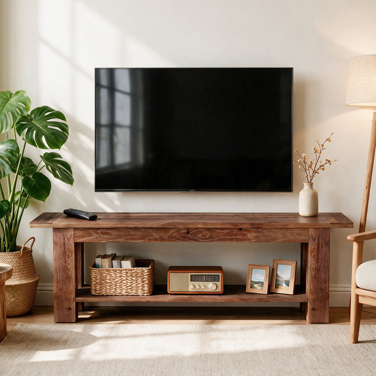 71" Rustic Solid Wood TV Stand for 75" TV, Entertainment Center with Storage Shelf