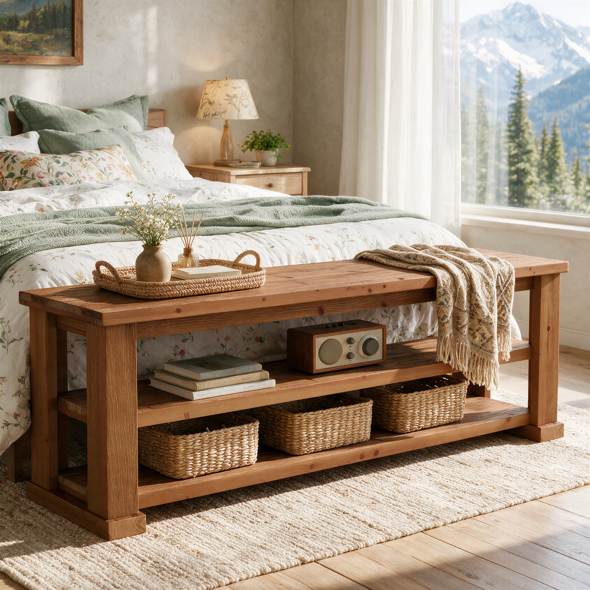 63" Rustic Solid Wood Entryway Bench, 3-Tier Shoe Storage, Reinforced Legs