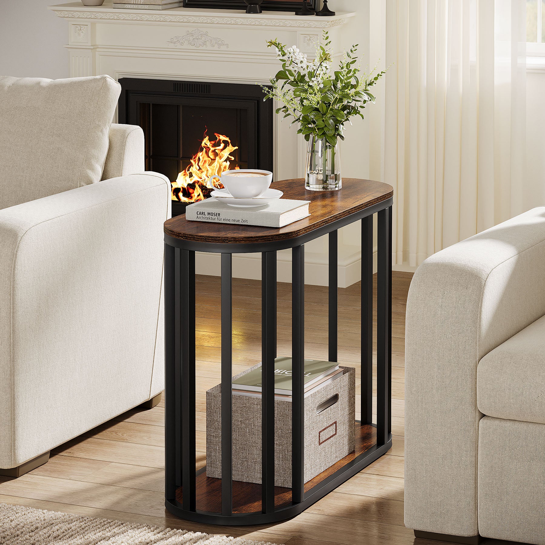 Narrow End Table with Storage, 2-Tier Industrial Side Table with Metal Frame