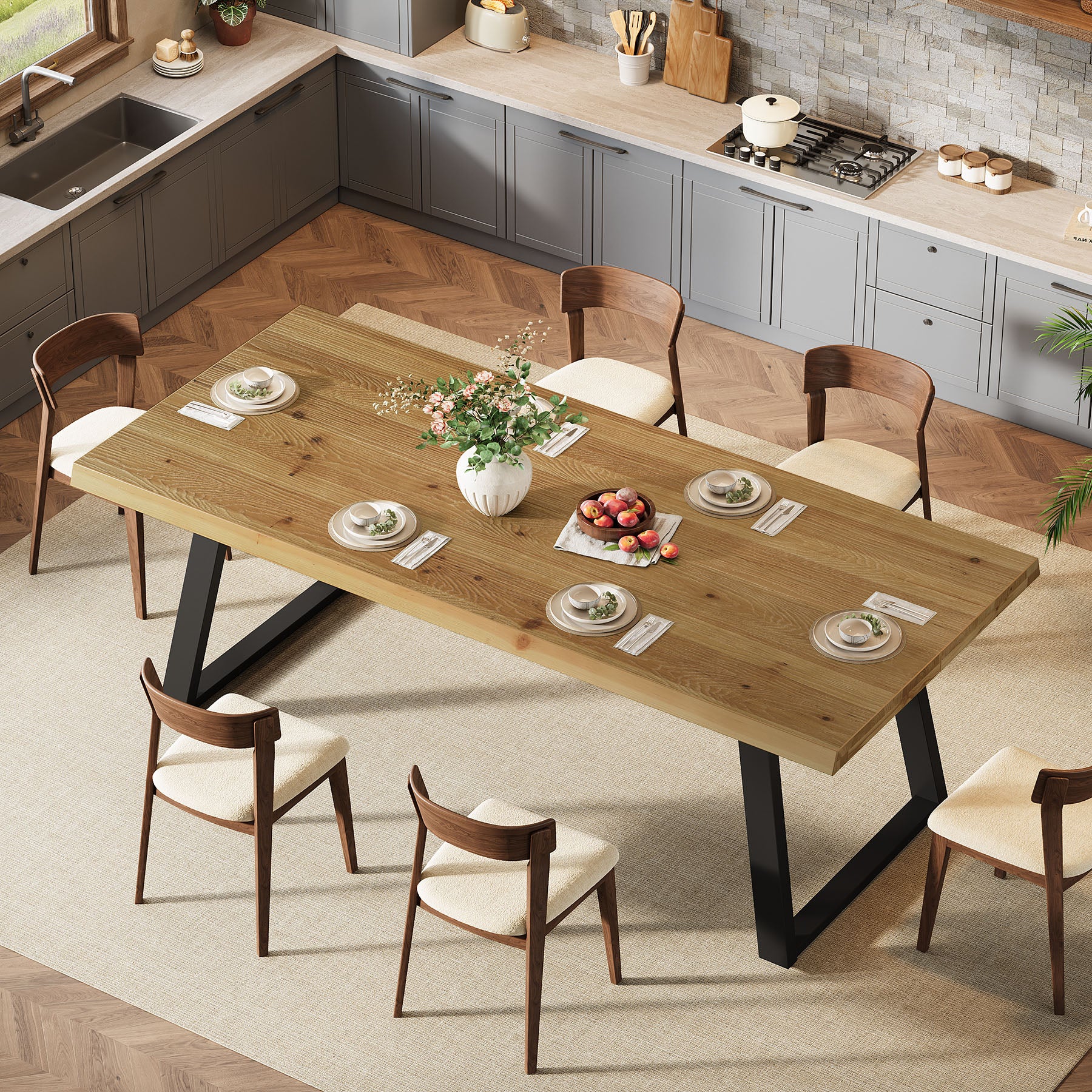 63" Solid Wood Dining Table for 4-6, Rectangular Kitchen Table with Metal Legs