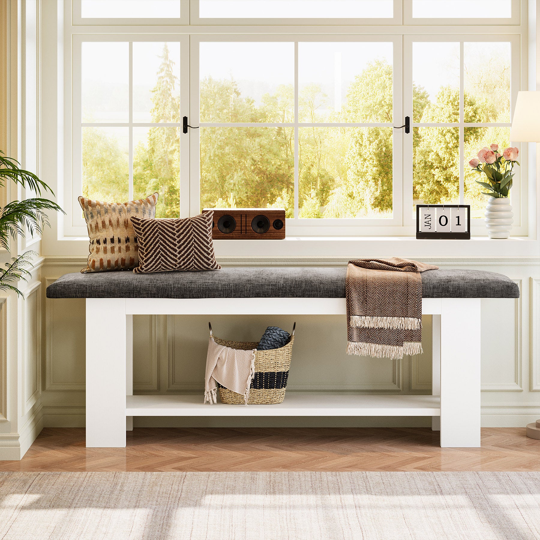 47" Entryway Bench with Padded Cushion, 2-Tier Shoe Rack Storage Bench