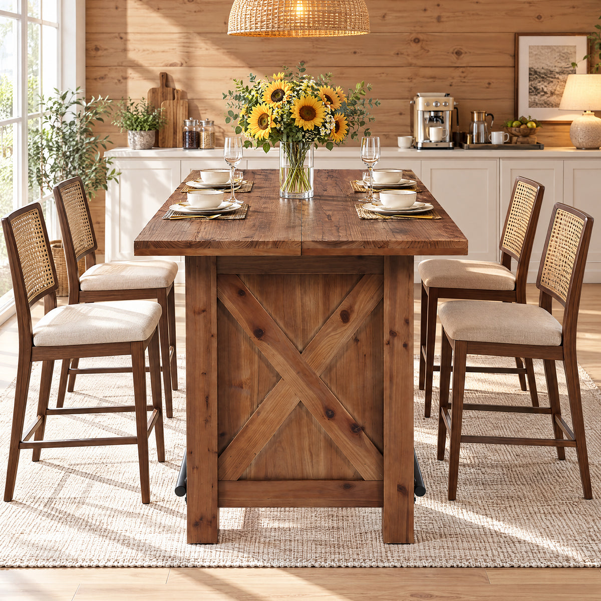 63" Farmhouse Solid Wood Kitchen Island with Metal Footrest, Counter Height Table