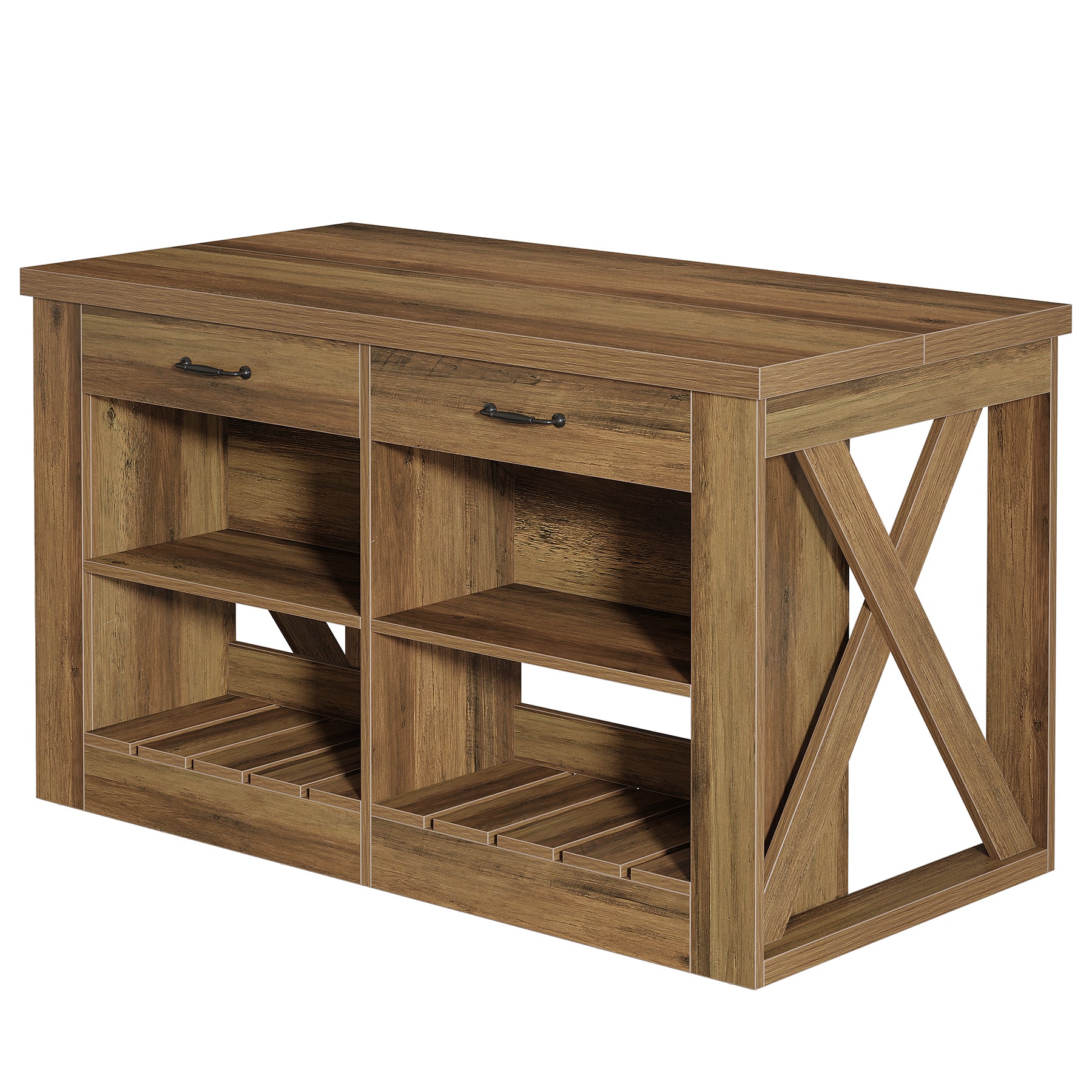 55" Kitchen Island, Wooden Bar Table with 2 Drawers and Open Shelf