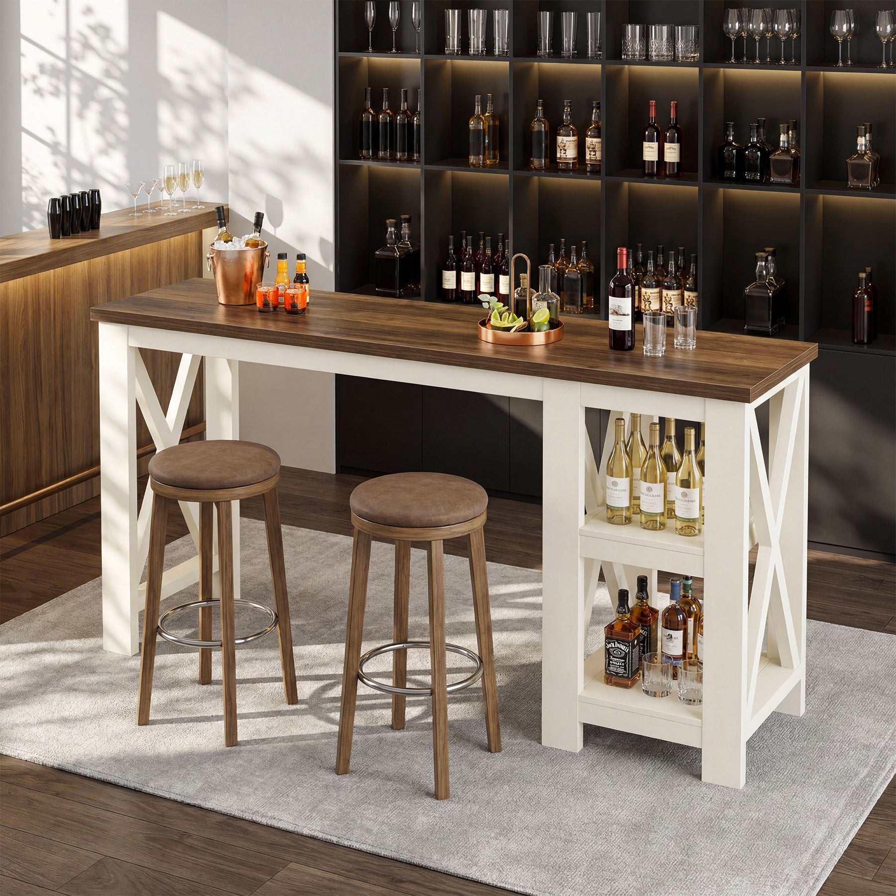 62.2" Bar Table with Storage Shelves, Farmhouse Counter Height Pub Table for Kitchen