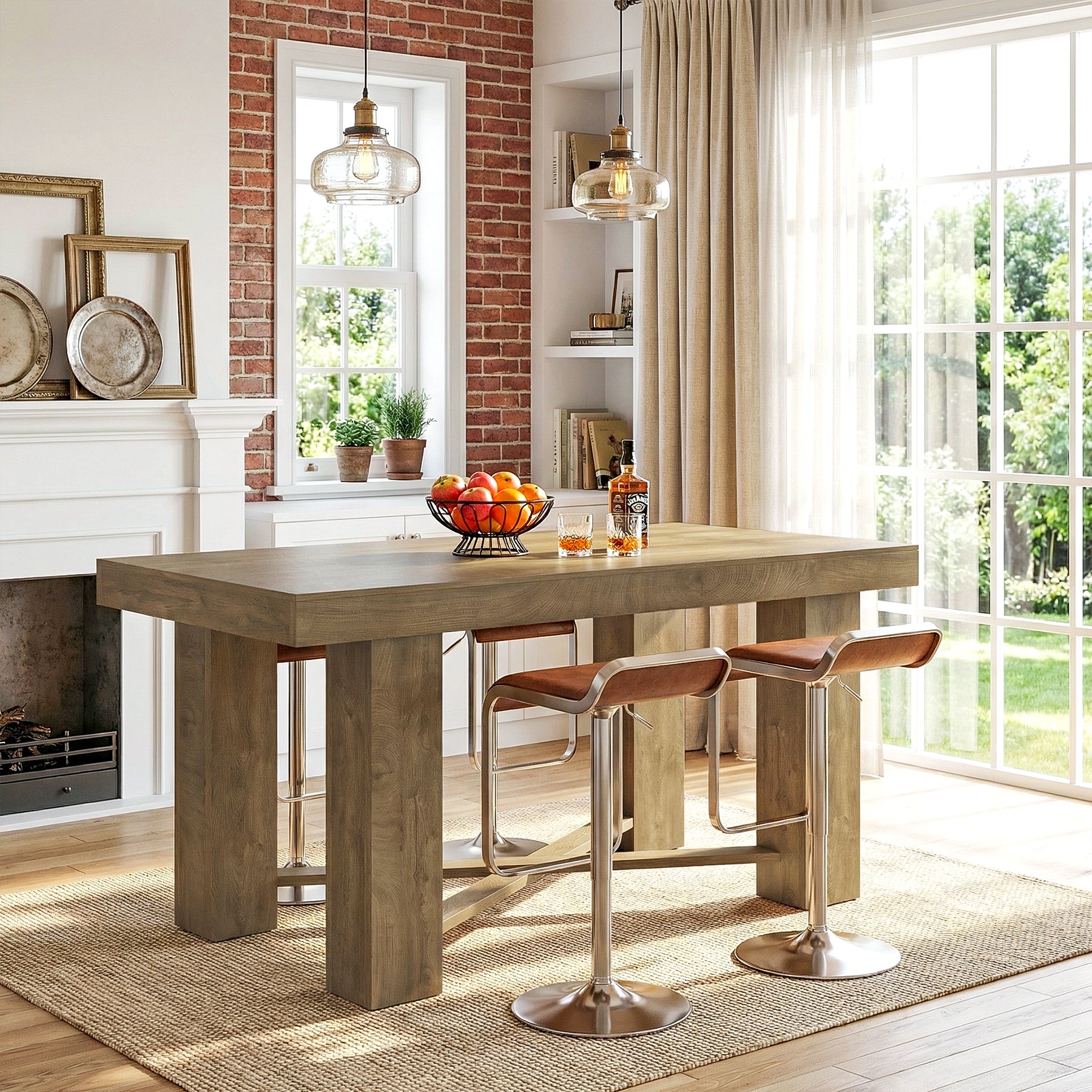 55 Inch Kitchen Island Table Counter Height, Farmhouse Prep Table with Thick Wood Top