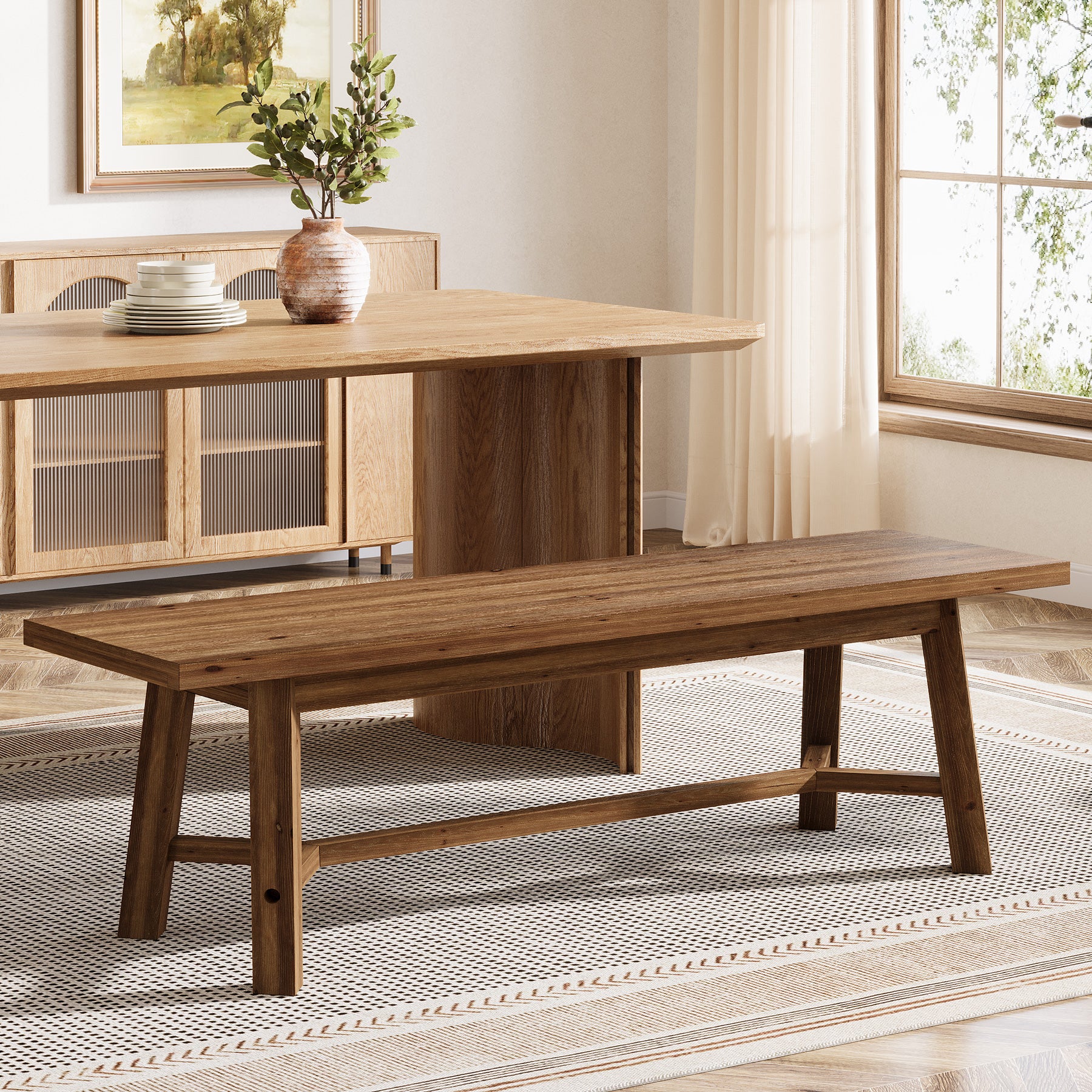 Solid Wood Dining Bench, 55.12" Kitchen Bench with Strengthened Legs