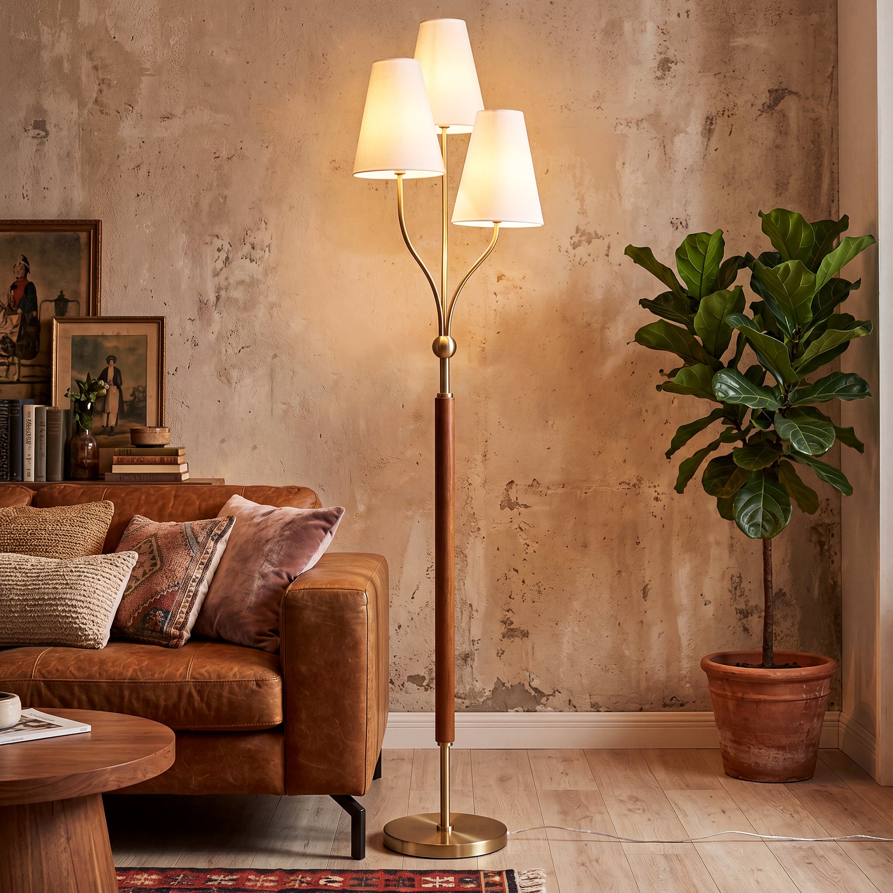 64.96" Height 3-Head Floor Lamp with Linen Fabric Shades, Natural Rubberwood Handle