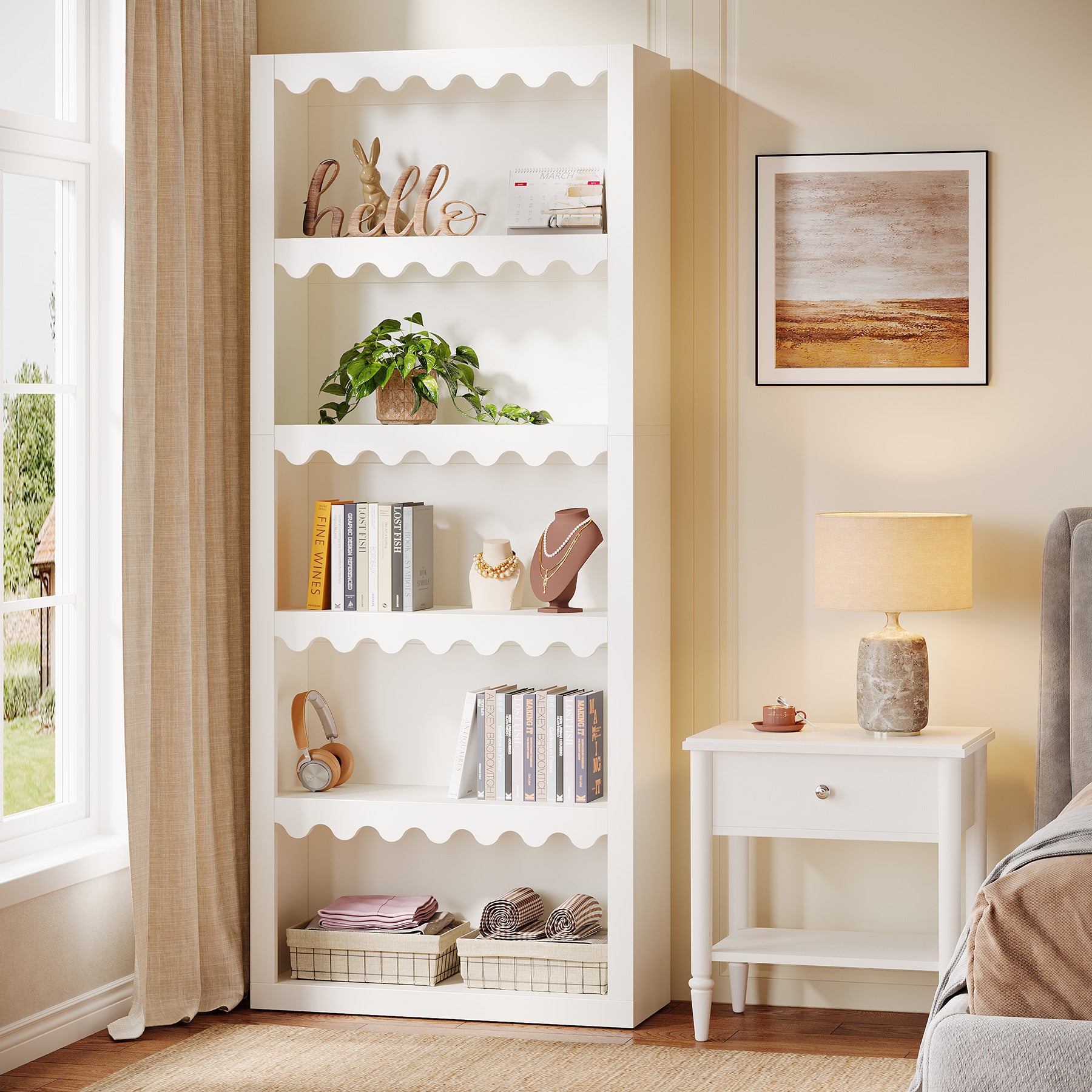 70" Bookcase, Modern 5-Tier Bookshelf Storage Organizer with Scalloped Edges