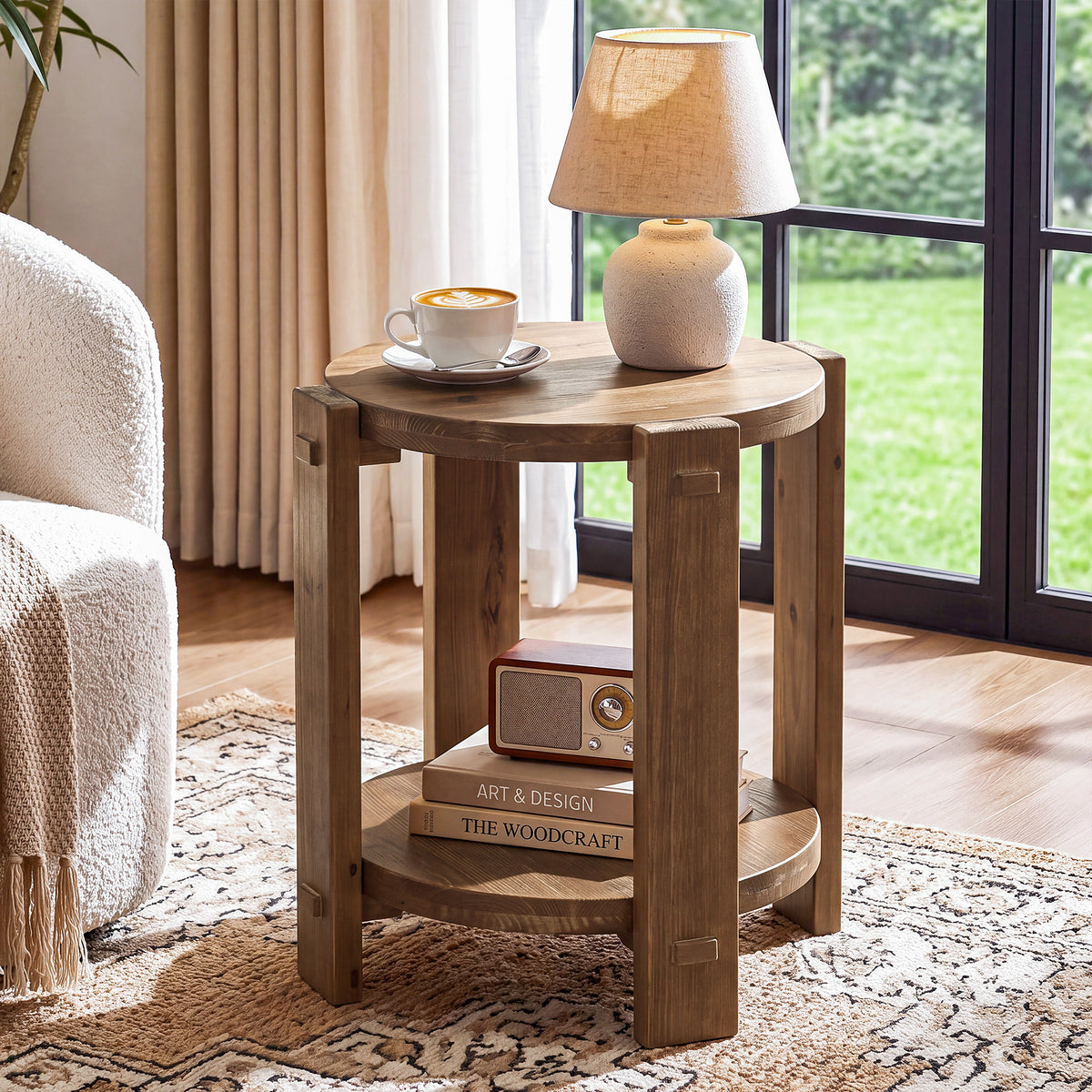 Round Solid Wood End Table, 2-Tier Farmhouse Side Table with Storage