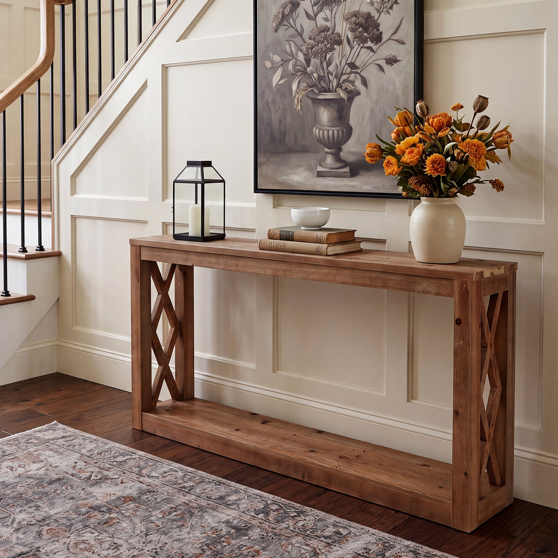 63" Solid Wood Console Table, 2-Tier Open Storage Entryway Table with X-Shaped Sides