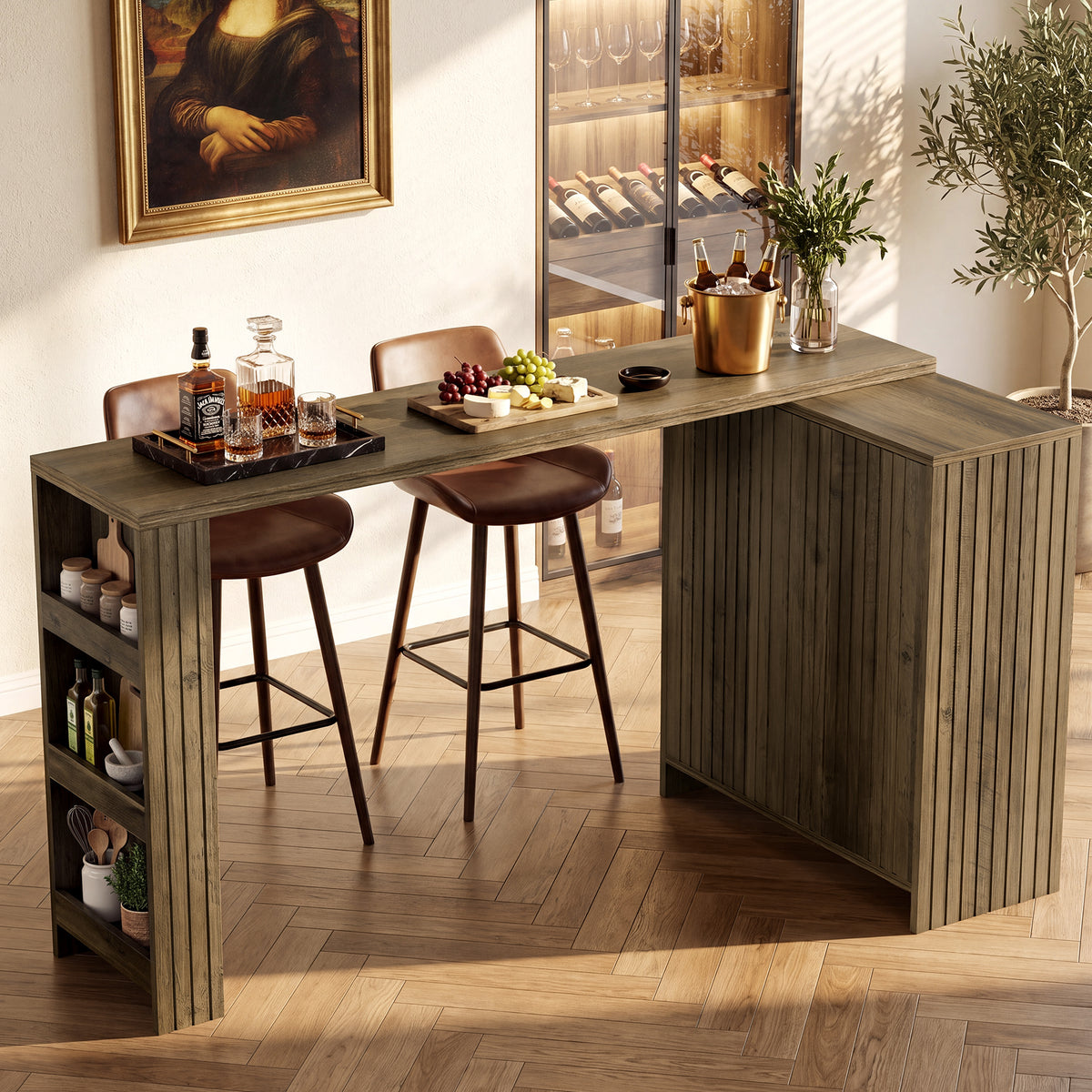 L-Shaped Bar Table, Counter Height Table with Cabinet & Open Shelves for Kitchen, Dining Room