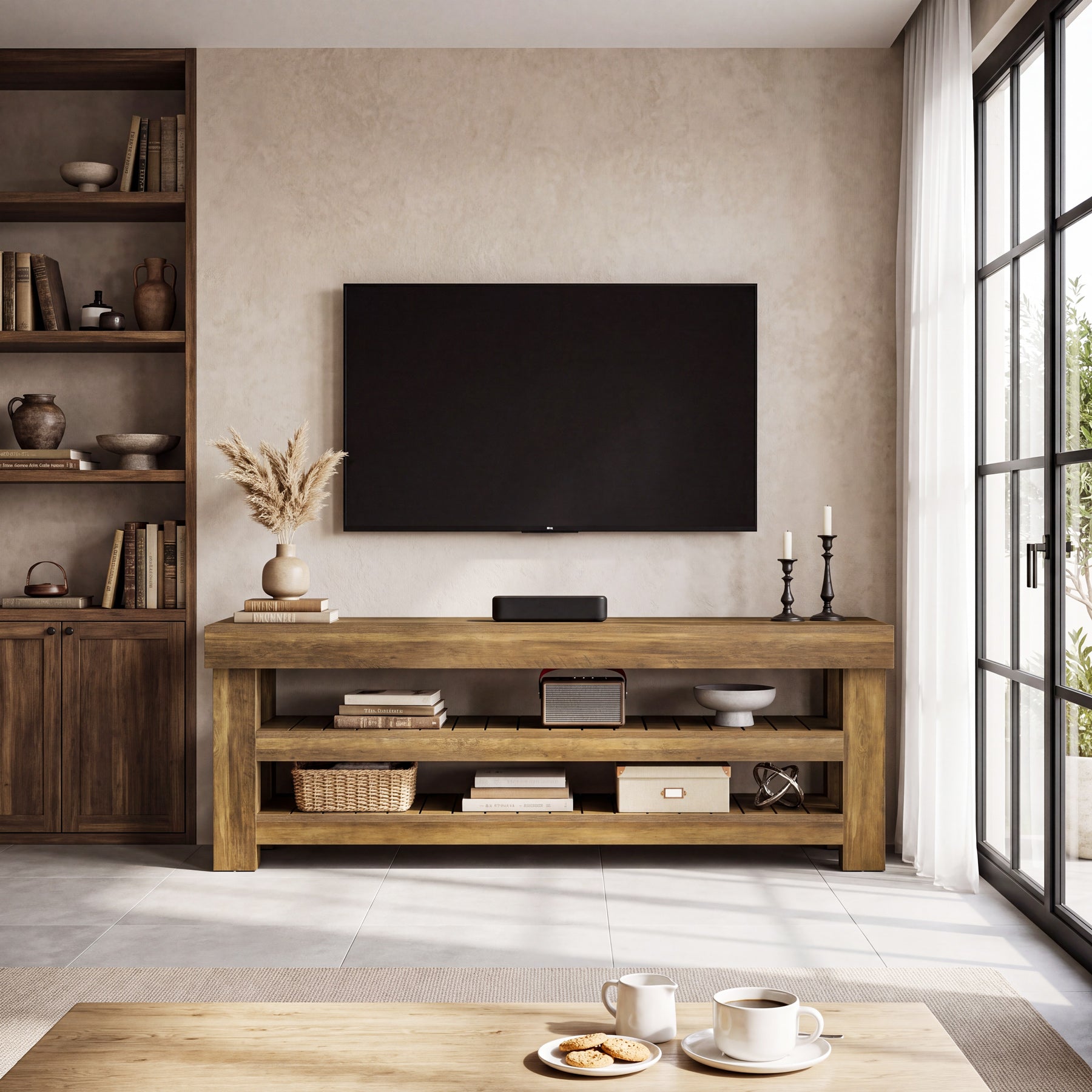 71" TV Stand for 85" TVs, Farmhouse Entertainment Center, 2-Tier Slatted Shelves