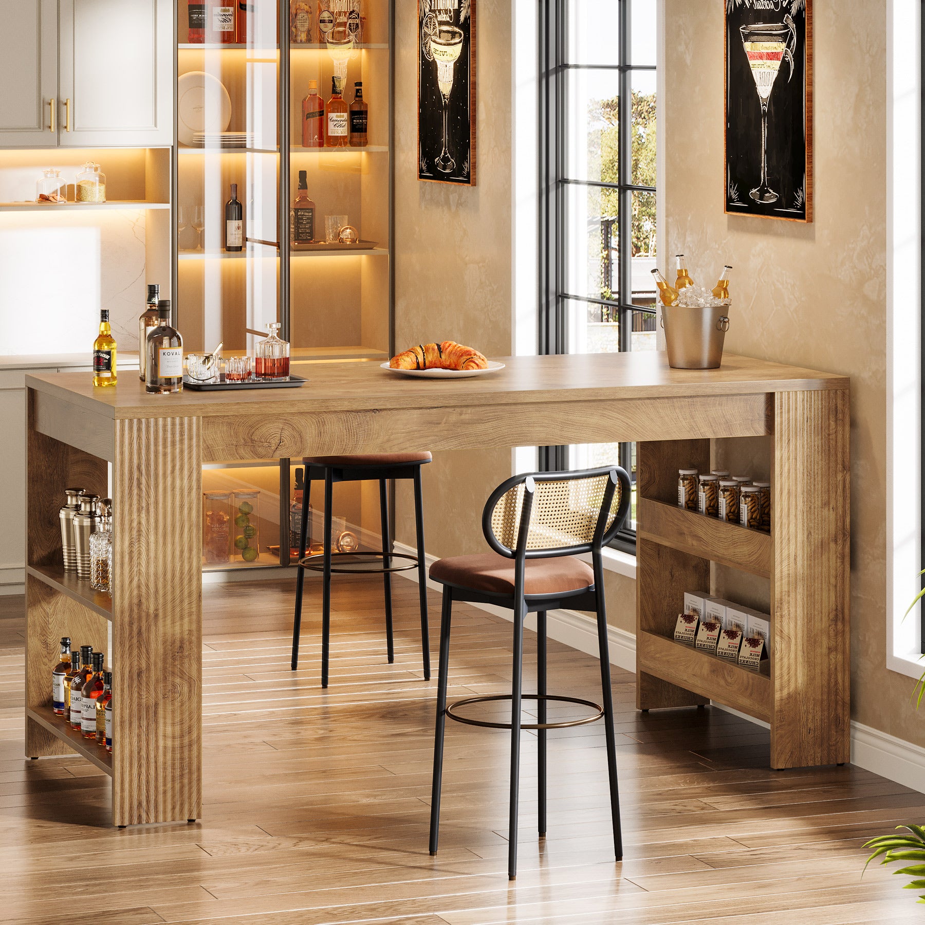 63" Kitchen Island, Large Home Bar Table with Double-Sided Storage Shelves