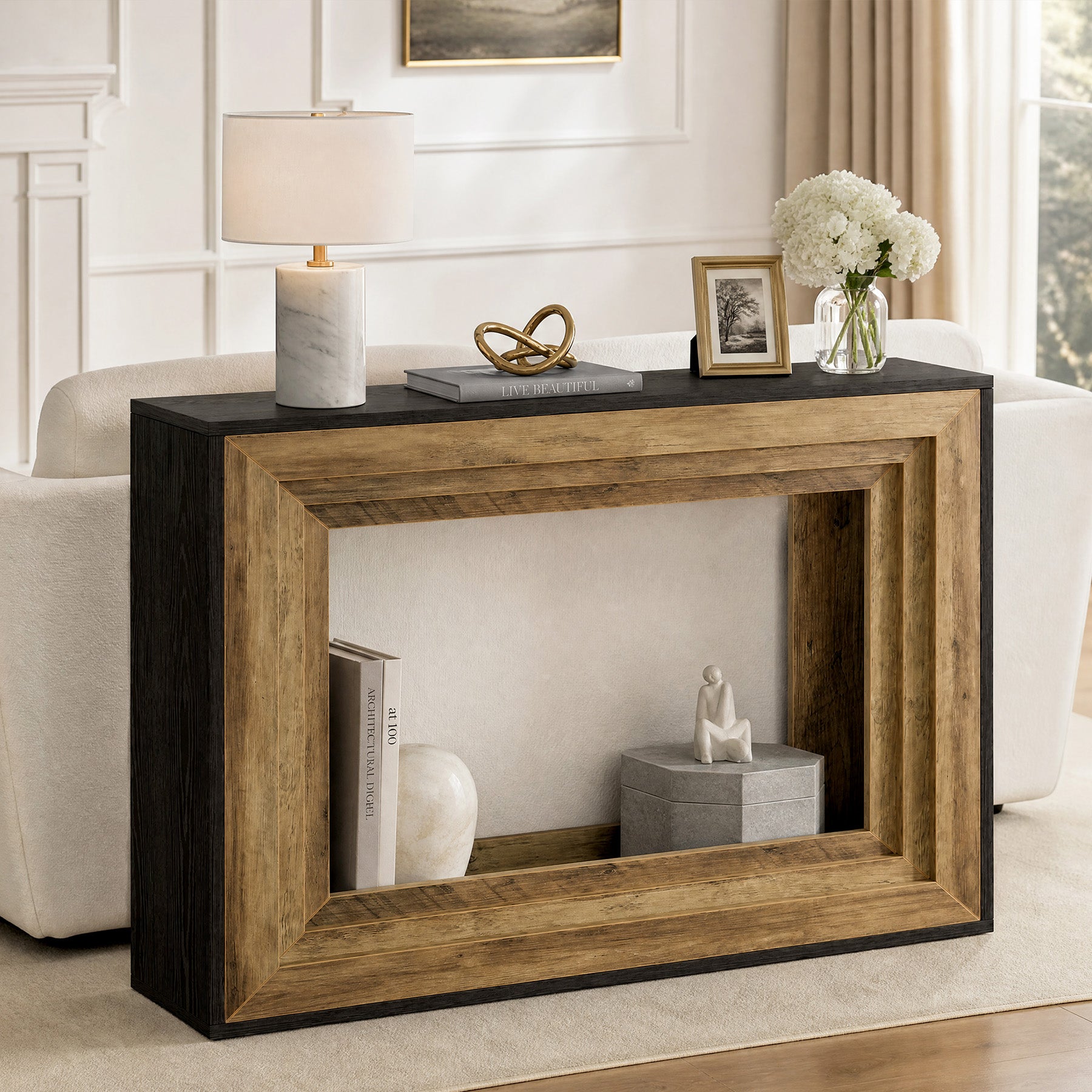 41.4" Narrow Console Table, Entryway Table with Open Storage, Vintage Wood & Matte Black Finish