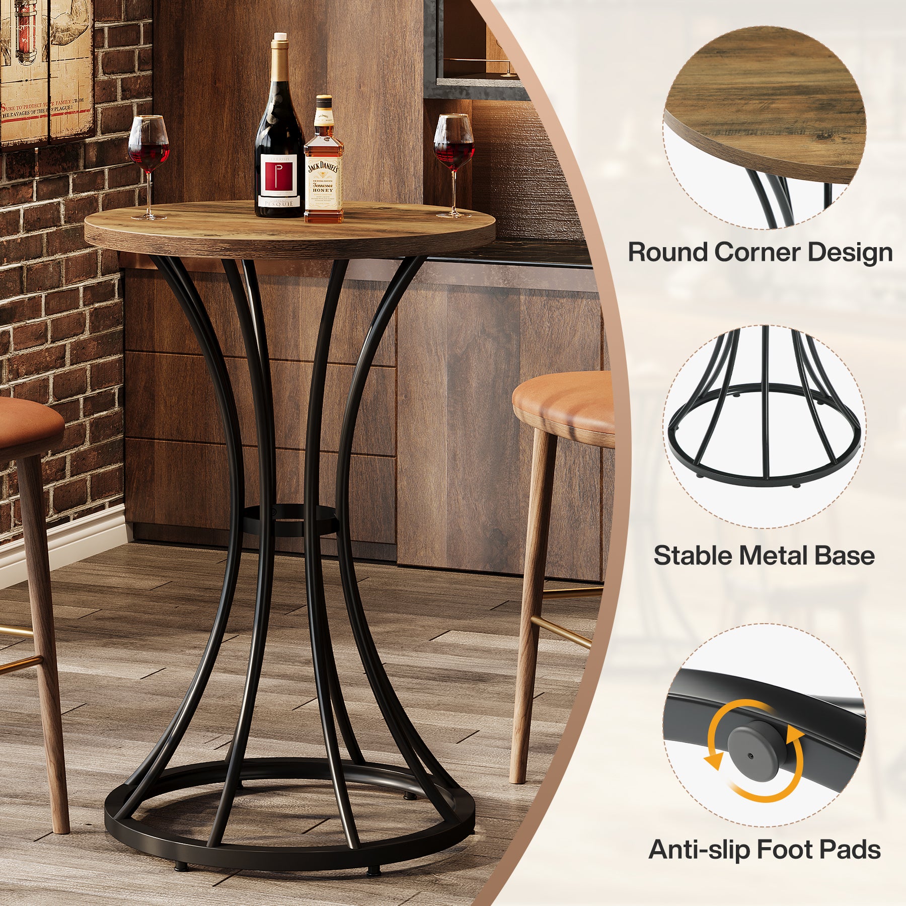 Round Bar Table for 2, 37.4" H Cocktail Table with Curved Metal Base