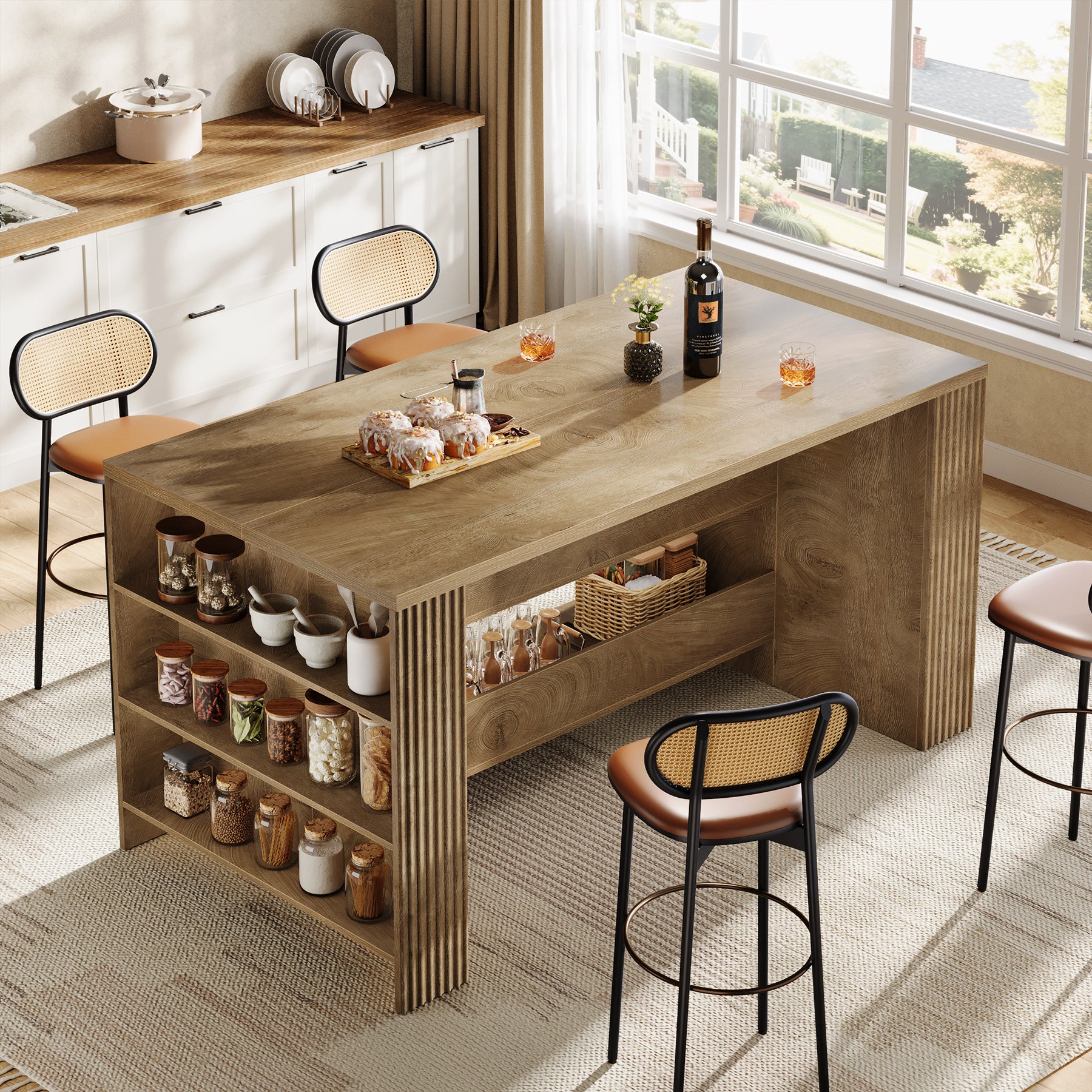 59" Rectangular Bar Table, Farmhouse Counter Height Pub Table with Storage Shelves