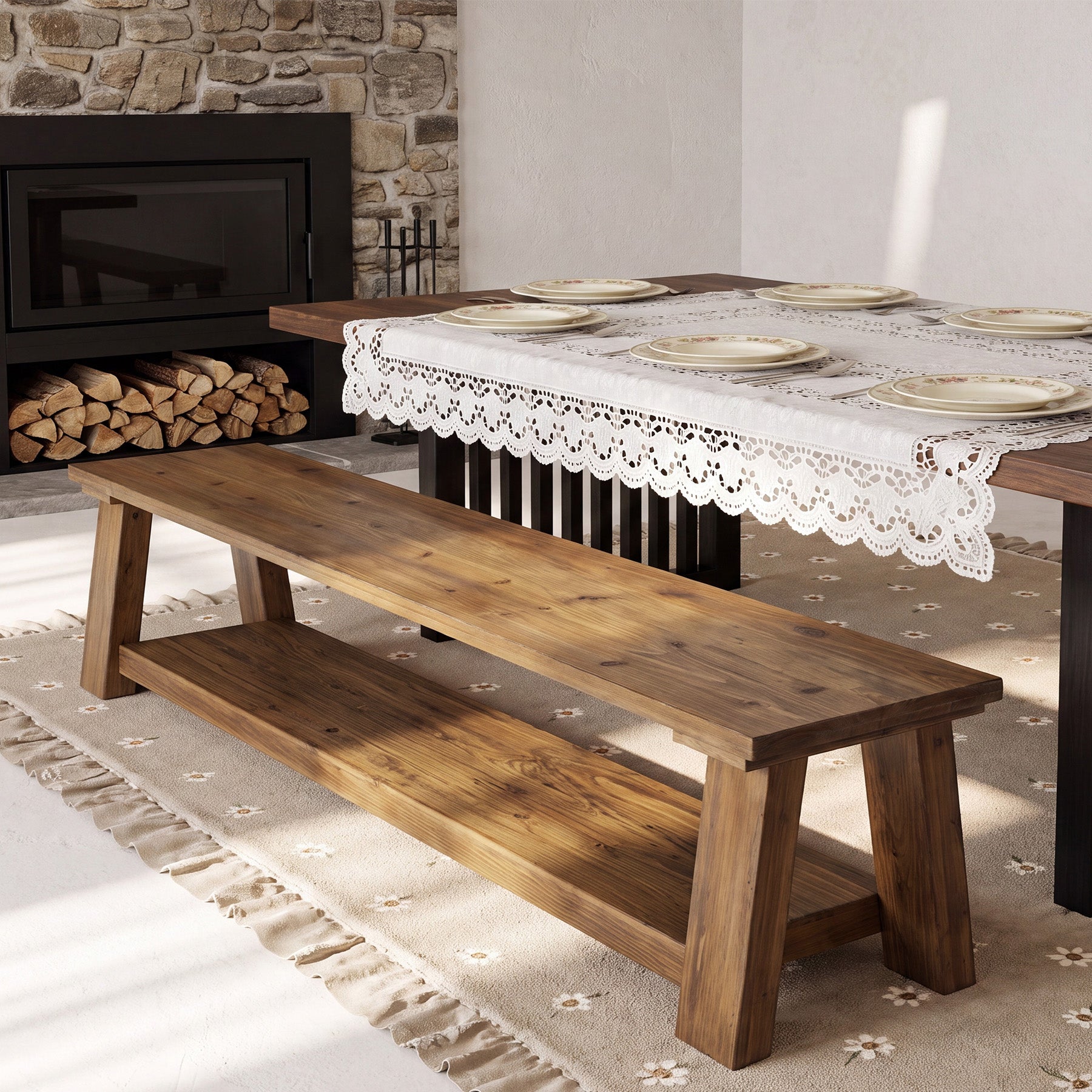 70.87" Solid Wood Dining Bench, Farmhouse Kitchen Bench with 2-tier Shelf for Dining Room