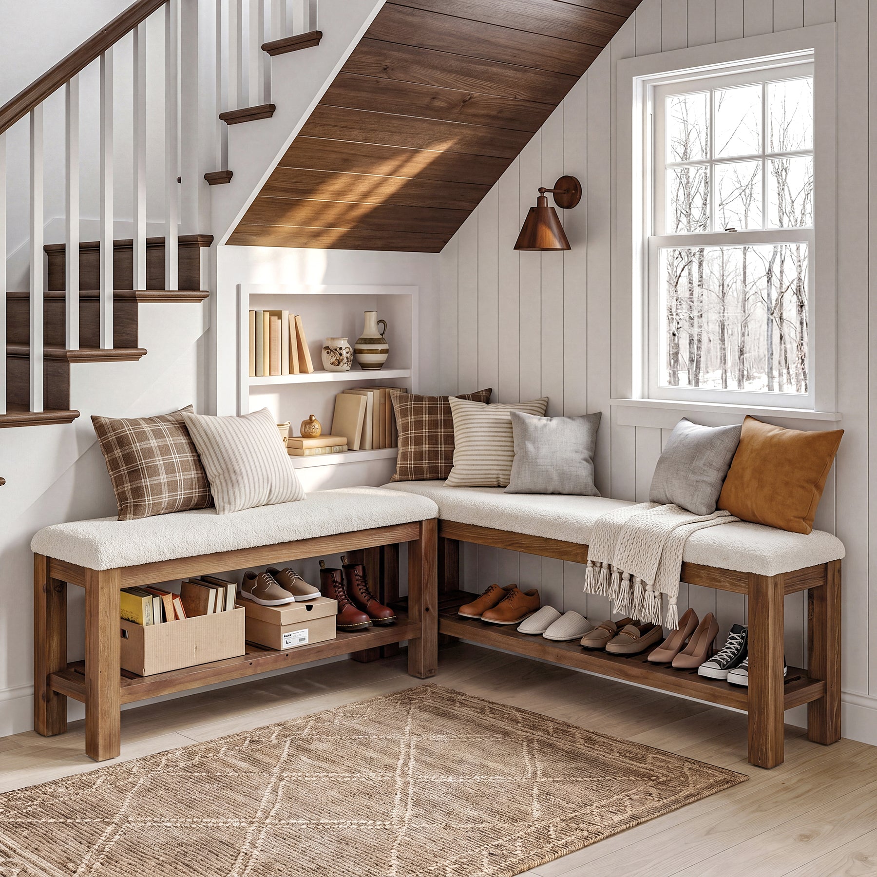 Solid Wood Entryway Bench Set, 55" L-Shaped Shoe Bench with Storage Shelf