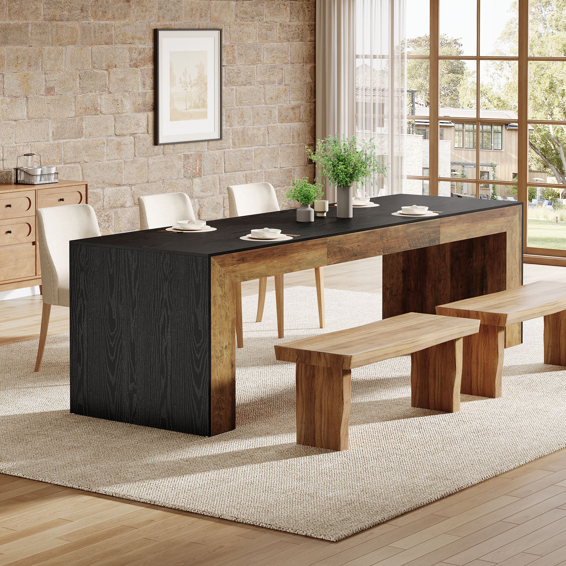 86.6" Long Dining Table, Rectangular Kitchen Table for 6-8 People