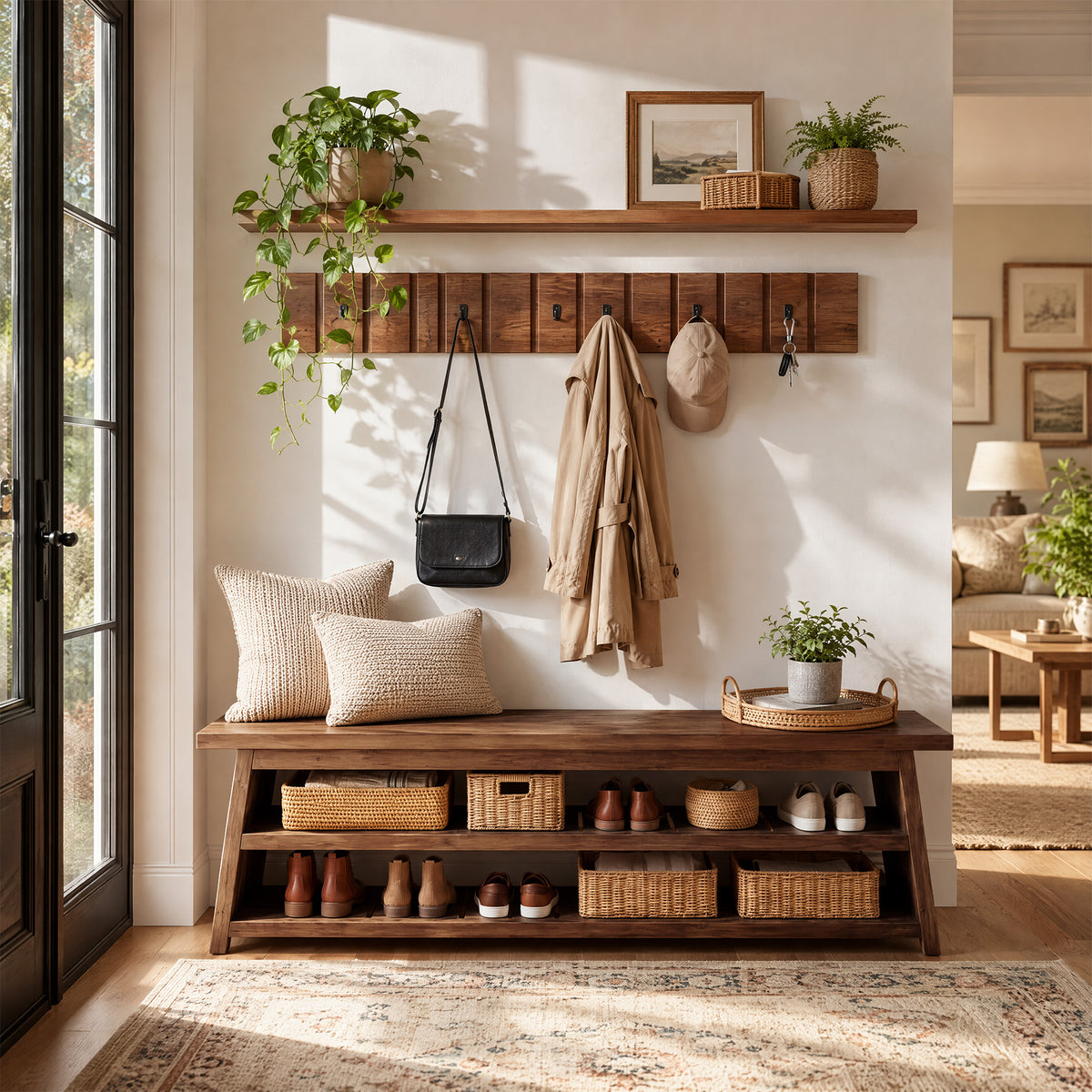 3-Piece Solid Wood Entryway Set, 63" W Coat Rack Set with Bench