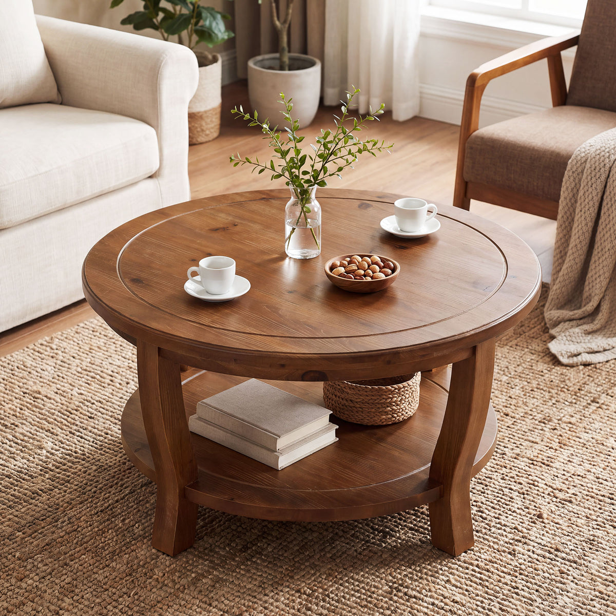 31.5" Round Solid Wood Coffee Table, 2-Tier Farmhouse Center Table with Curved Legs