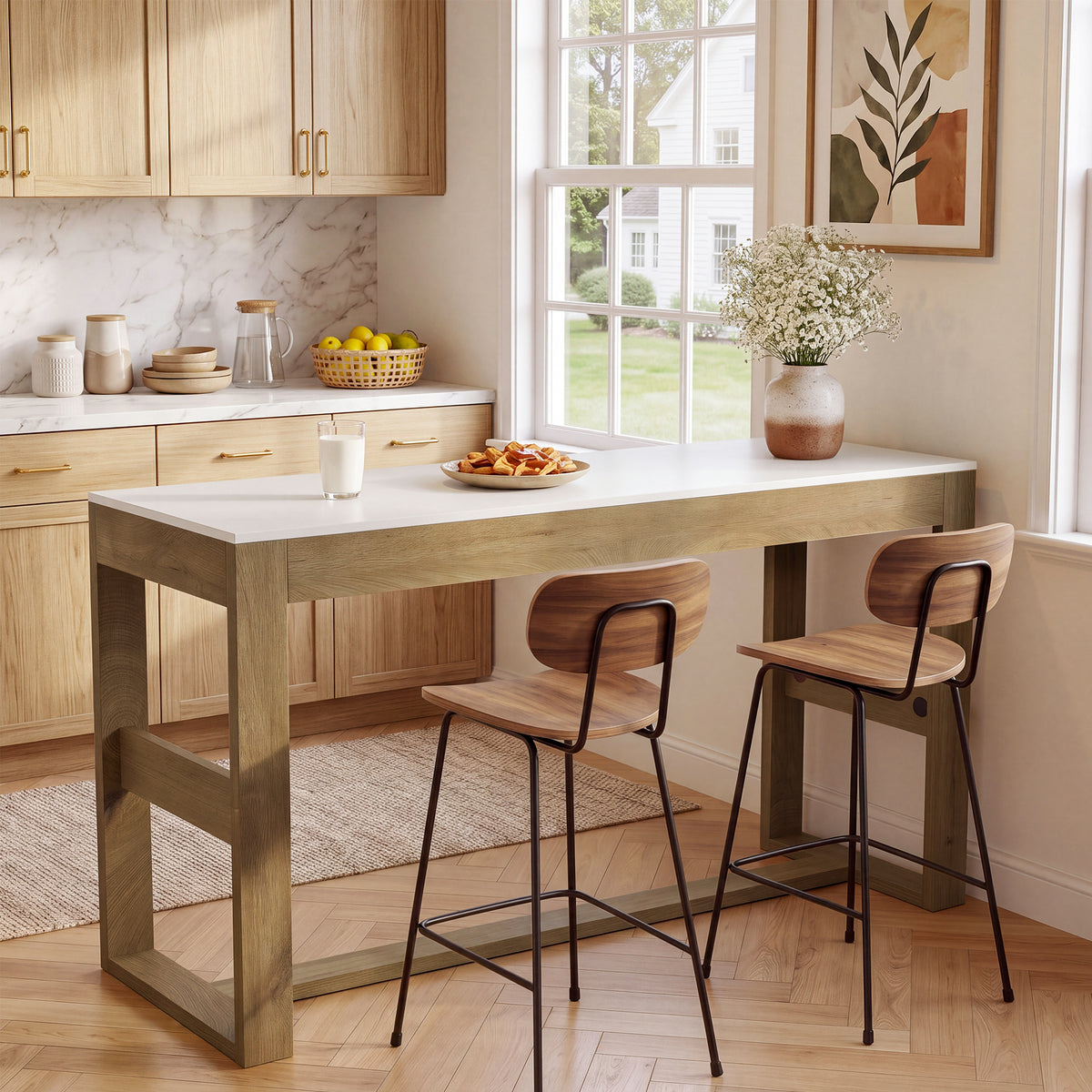 63" Counter Height Pub Table for 4-6, Farmhouse Rectangular Bar Table with White Top