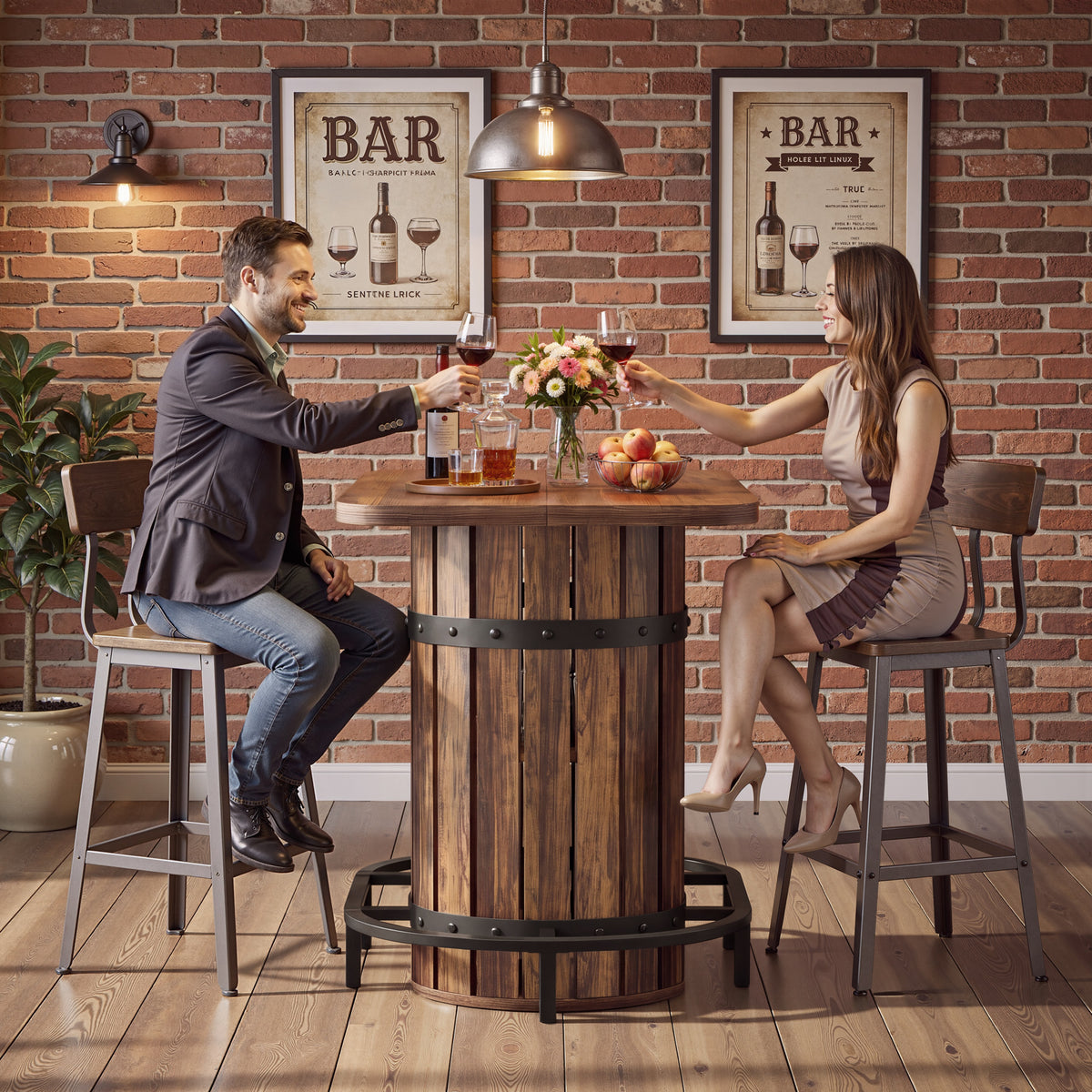 47.24" Bar Table, Farmhouse Counter Height Table with Storage & Metal Footrest
