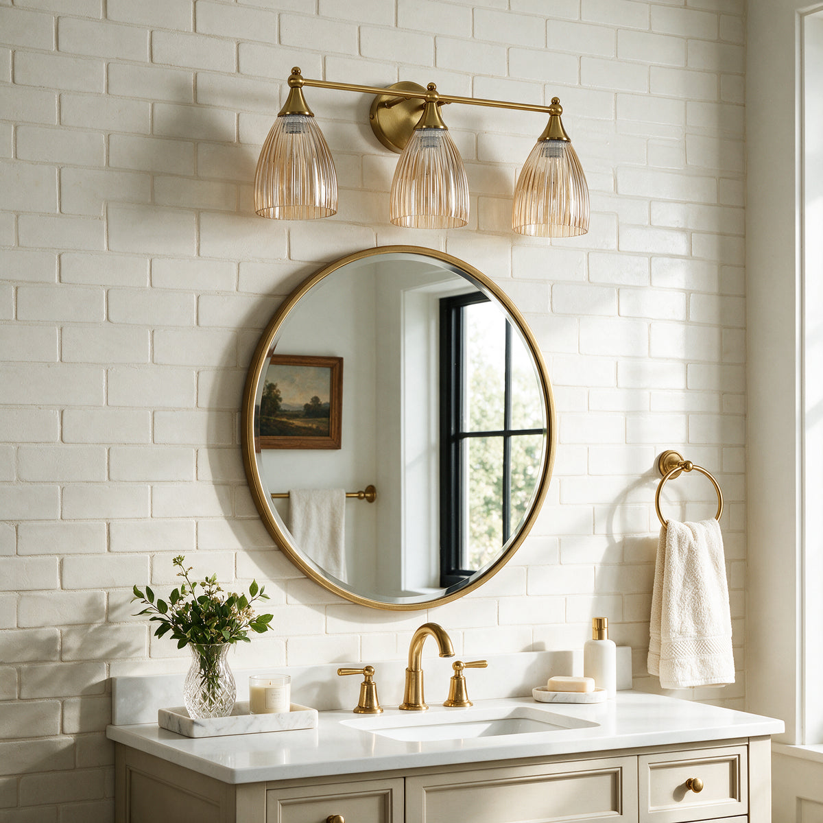 3-Light 22" Bathroom Vanity Light, Brushed Brass Wall Sconce with Amber Glass